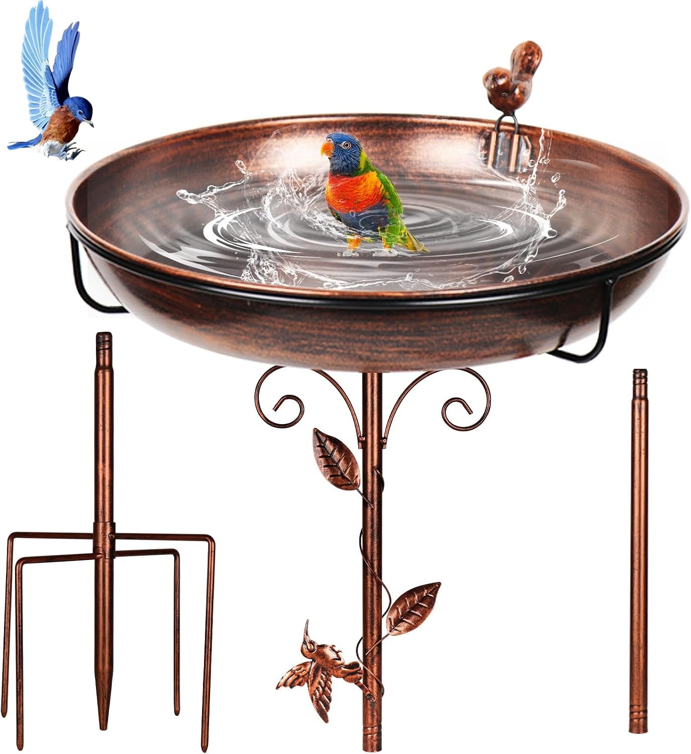 12 Inch Metal Bird Bath for Outside（Bronze） | 38.5 inches tall 、Antique Bronze、Hummingbird & Sparrow Decor、5-Pronged Stable Base Yard patio landscape decor