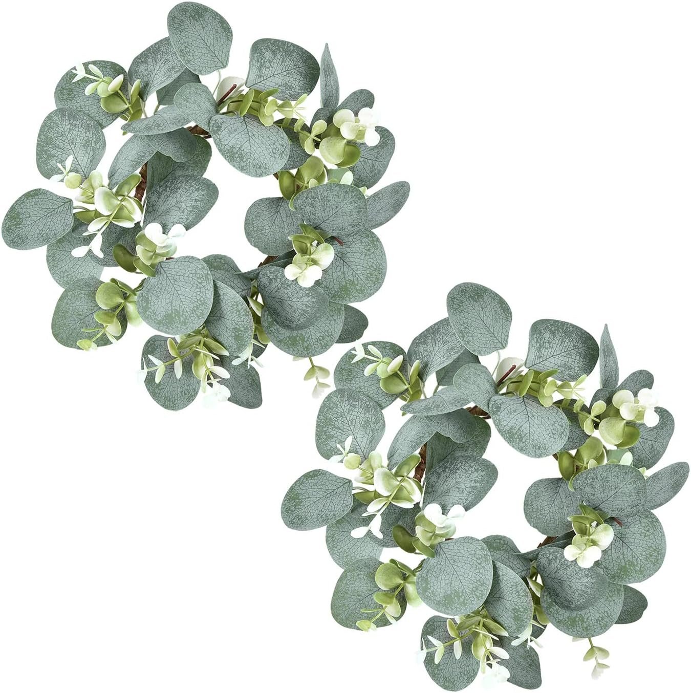 LSKYTOP 2 Pcs Eucalyptus Faux Kitchen Cabinet Artificial Greenery Farmhouse Wreath for Door Wall Window Decor, 9Inch/PC