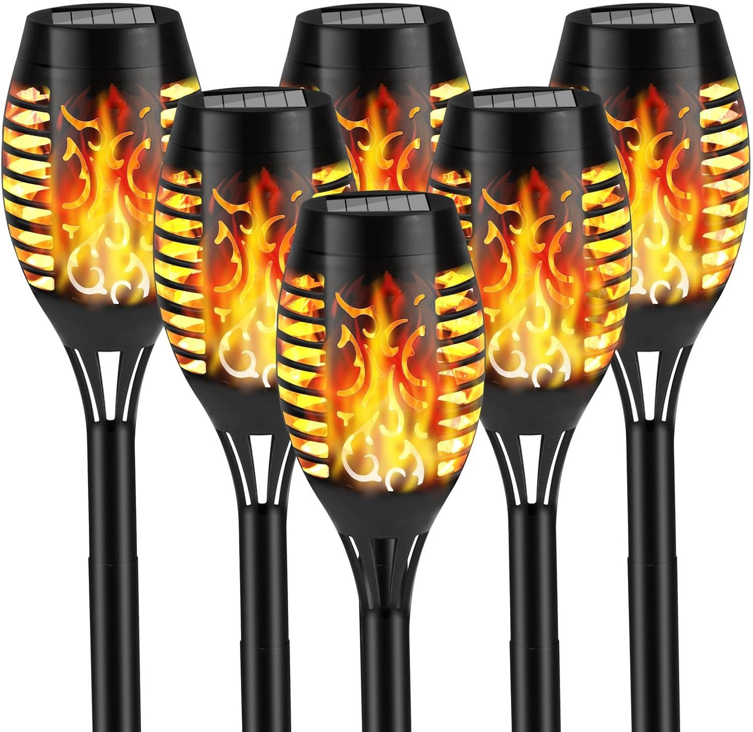 Solar Flame Lights Outdoor, Solar Torch Lights with Flickering Flame for Garden Decor – Waterproof Led Tiki Torches for Outside, Yard Light for Pathway Lawn Patio halloween decorations (Black 6 Pack)