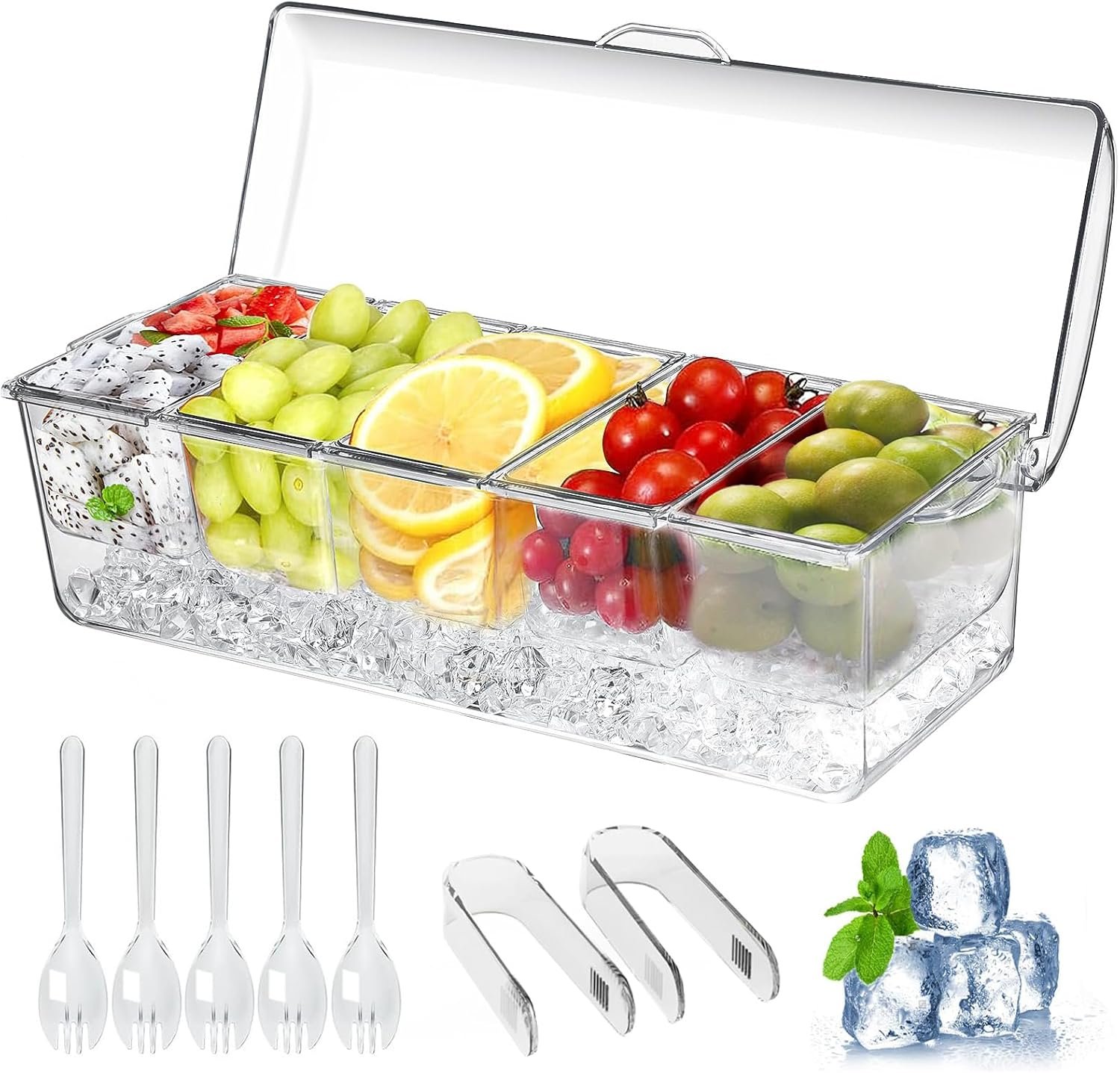 Ice Chilled Condiment Caddy, Condiment Containers with Lids,Serving Tray | mimosa bar supplies,5 Removable Compartments (2.5 cup),fruit tray,hosting essentials,catering supplies