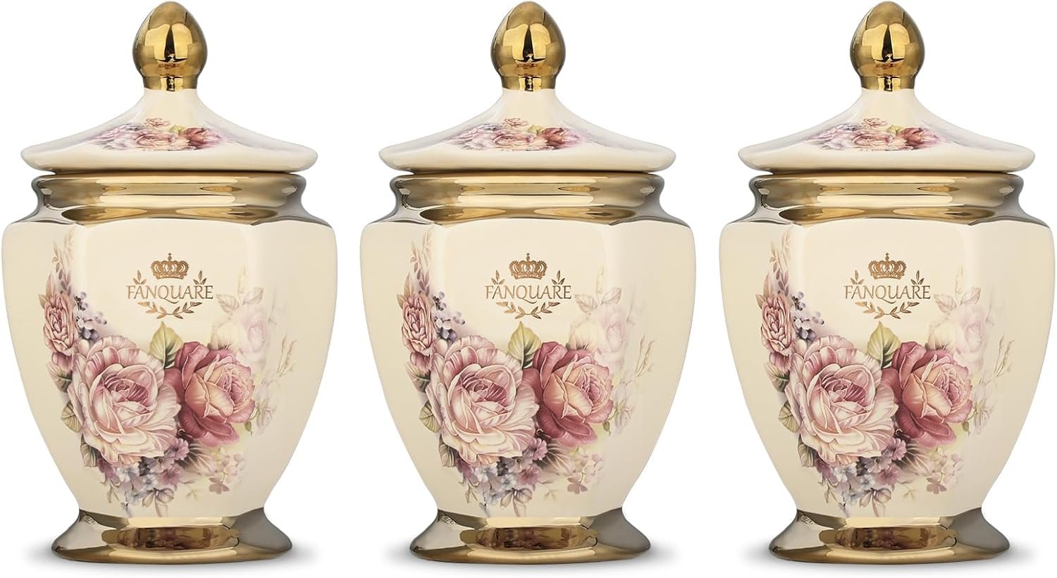 fanquare Vintage Royal Style Decorative Canisters with Gold Trim, Floral Porcelain Sugar Bowl Set of 3 with Airtight Lid for Countertop Party | Sugar Bowl with Airtight Lid and Gold Trim for Countertop Party