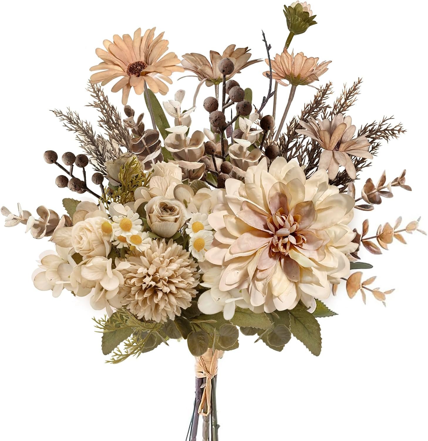 16-inch Artificial Fake Flowers Silk Table Arrangements Faux Plastic Floral Centerpieces for Home with Roses, Dandelions, Daisies, Hydrangea, Eucalyptus, Chrysanthemums and Hollyberries