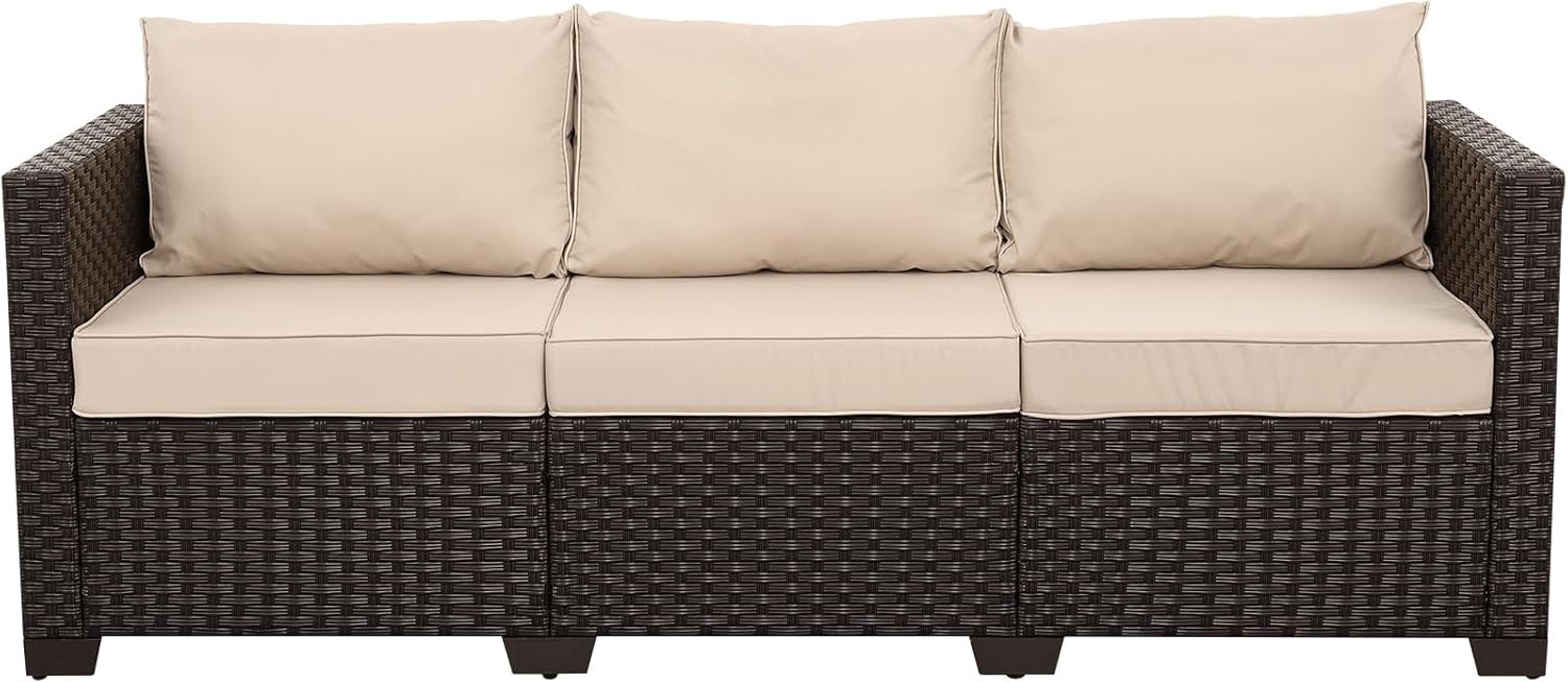Patio Couch PE Rattan 3-Seat Outdoor Sofa Brown Wicker Furniture Set Deep Seating with Anti-Slip Beige Cushion