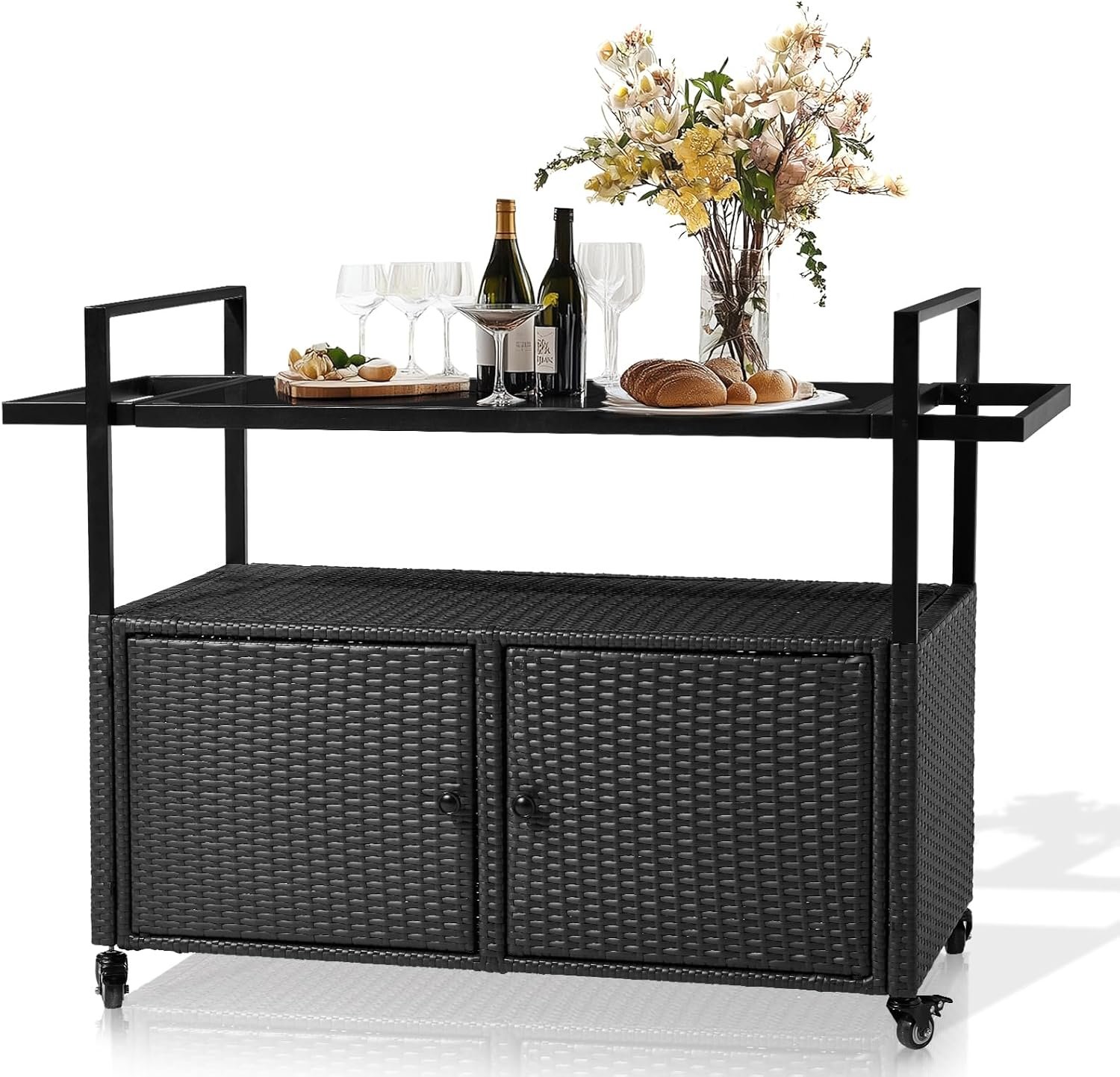 Wicker Outdoor Buffet Cabinet Patio Storage Cart | Glass Tabletop with 2 Doors & Shelves, Weatherproof Bar Table, Stores Tableware, Wine, Towels & Potting Supplies