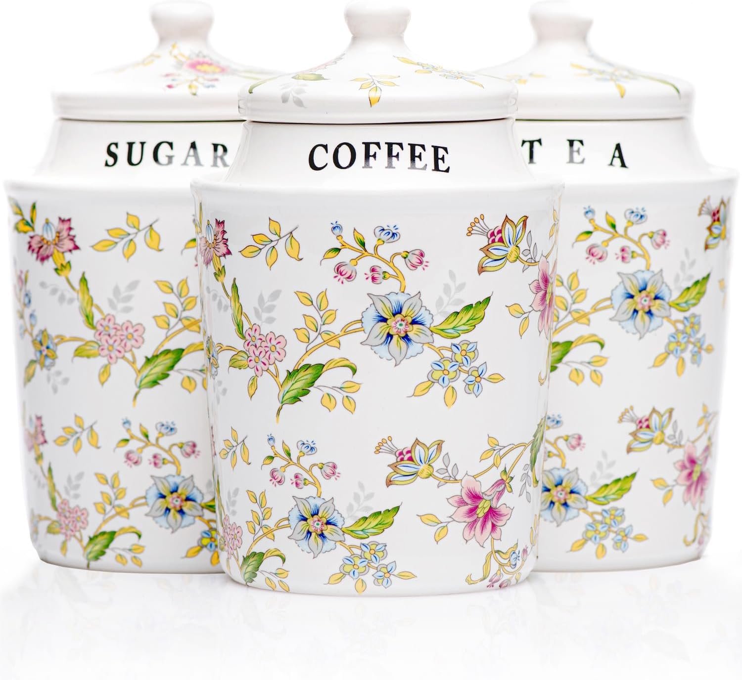 Small Coffee Tea Sugar Canister Set with Airtight Lids – Elegant Flower Kitchen Canisters Set of 3 Pantry Jars Containers – Decorative Ceramic Canister Set for Countertop or Coffee Bar – 13.5 Ounce