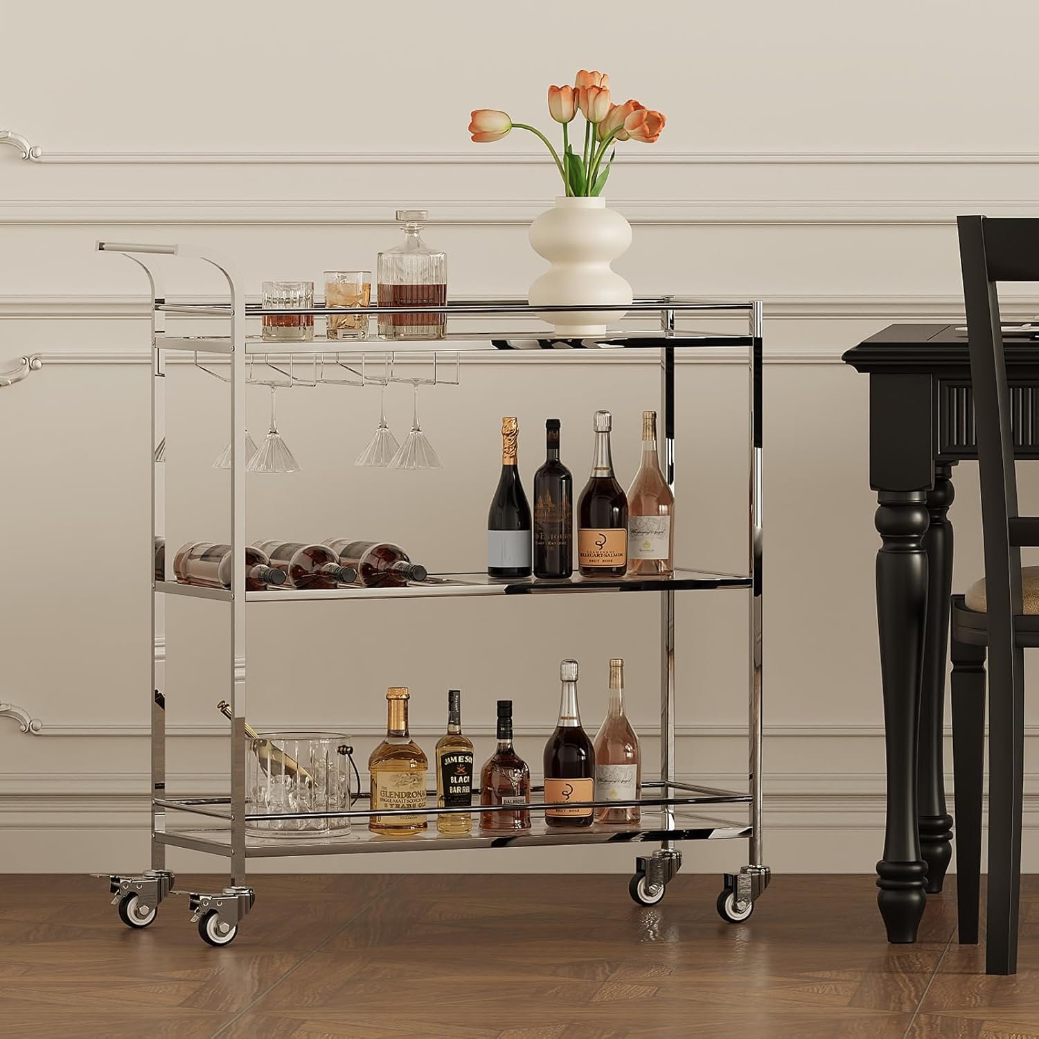 Bar Cart Silver, Home Bar Serving Cart, Modern Bar Cart with 3-Tier, Mobile Kitchen Shelf with Wine Rack and Glass Holder, Bar Carts for The Home, Dining Room, Living Room