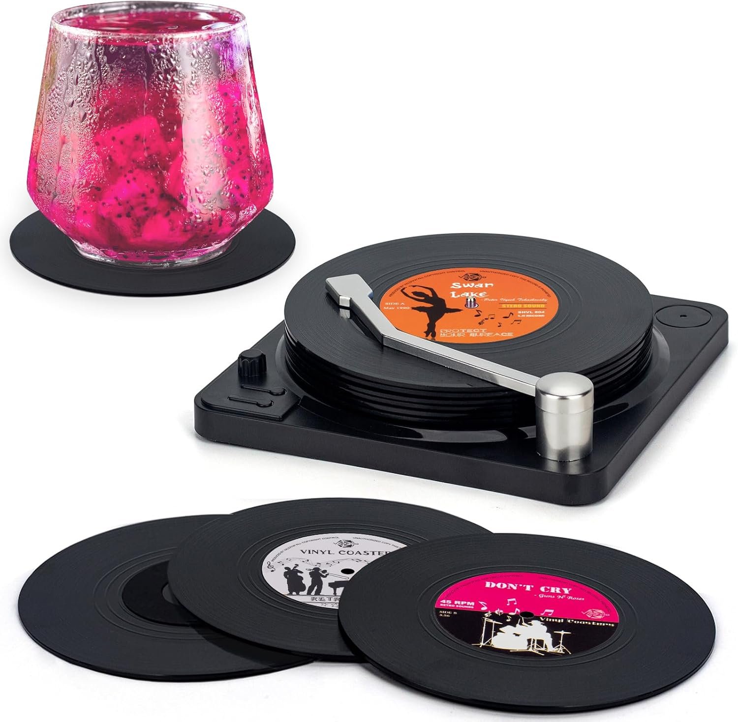 Retro Vinyl Record Coasters with Player, Set of 6 Music Coasters for Drinks