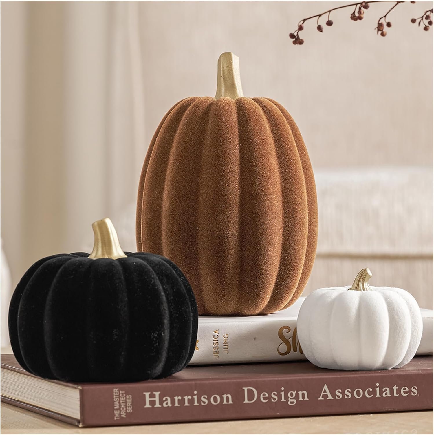 DN DECONATION 3 Pcs Fall Pumpkin Decorations, Artificial Pumpkin for Home | Flocked White Brown Black Faux Resin Pumpkins Figurines for Autumn Thanksgiving Halloween Decoration, Table Mantel Decorating