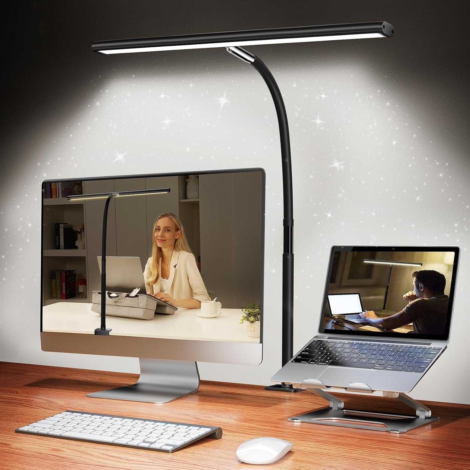 Airlonv LED Desk Lamp with Clamp, 17″ Stepless Dimming Light, Black | 2700K-6500K, 100 LEDs, 360° Gooseneck, Fits Up to 30″ Monitors, Flicker-Free Lighting for Home Office, Study& Workbench