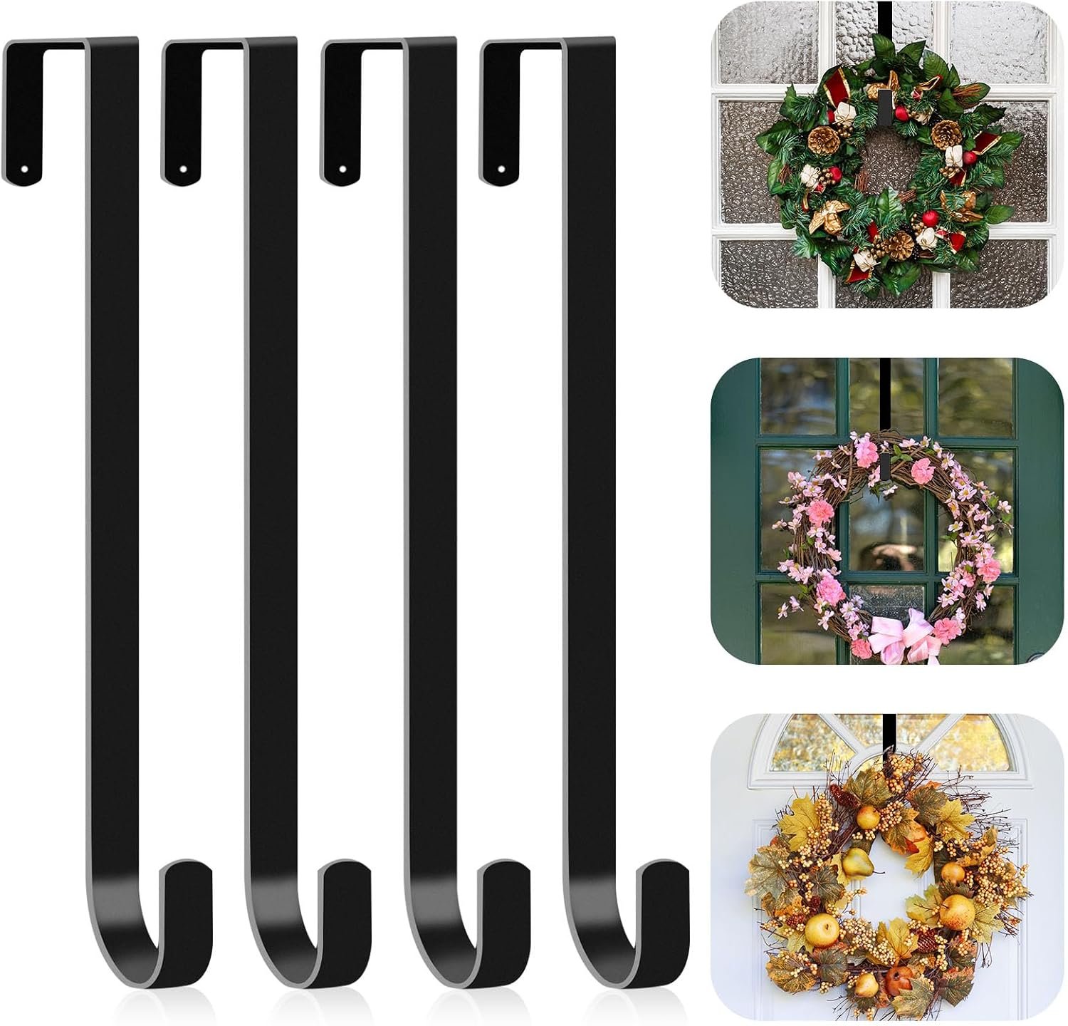 4 Pack Wreath Hanger for Front Door, 12″ Wreath Door Hanger for Christmas Wreath, Over the Door Hanger Hook Metal Wreath Hook, Garland Hanger, Wreath Holder for Christmas Fall Wreath Decorations-Black