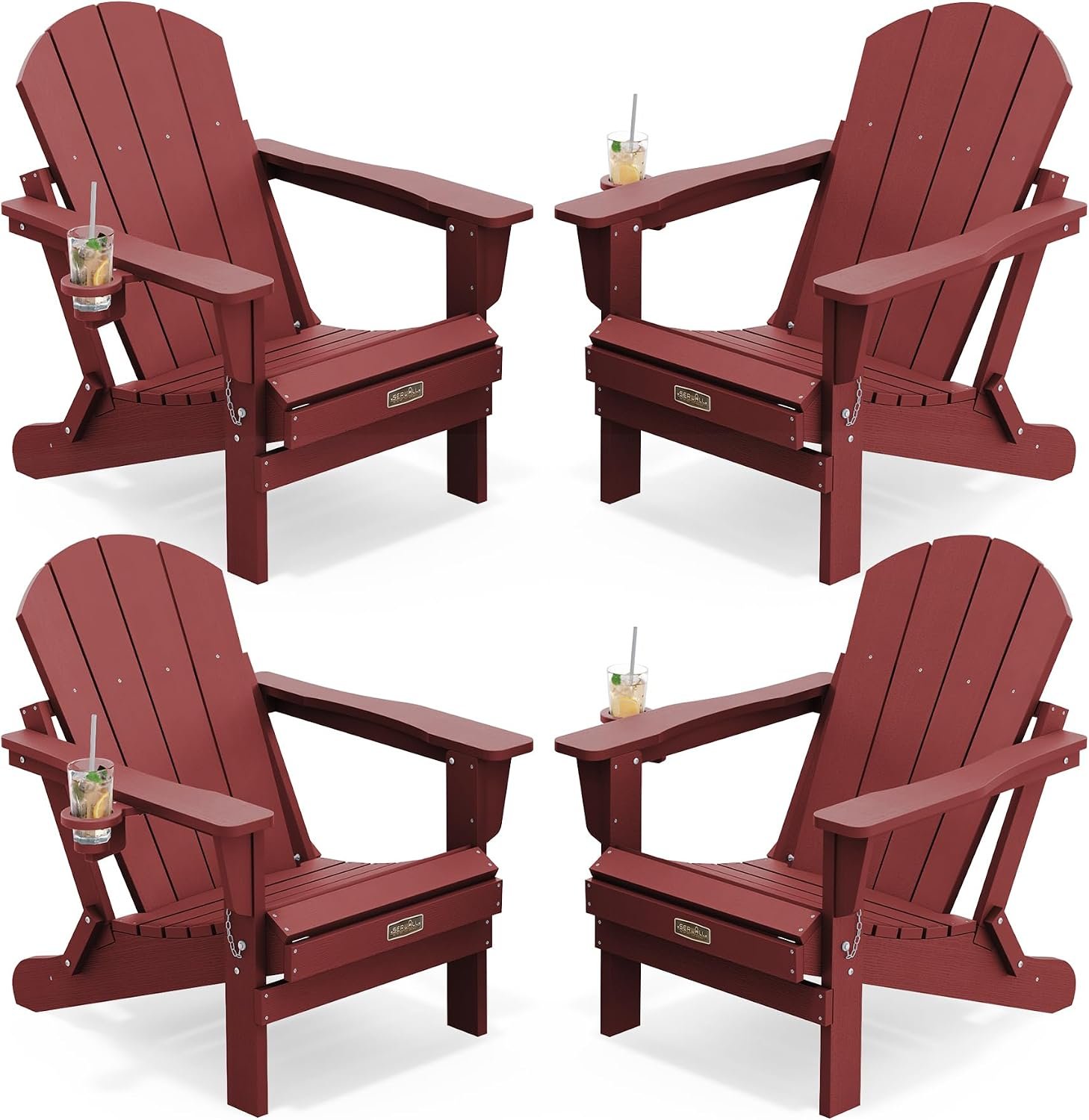 SERWALL Folding Adirondack Chair Set of 4 with Cup Holder for Fire Pit -Red | Adirondack Chair with Wood Texture, Weather Resistant HIPS Patio Chairs with Cup Holder for Garden Outdoor Fire Pit Chairs