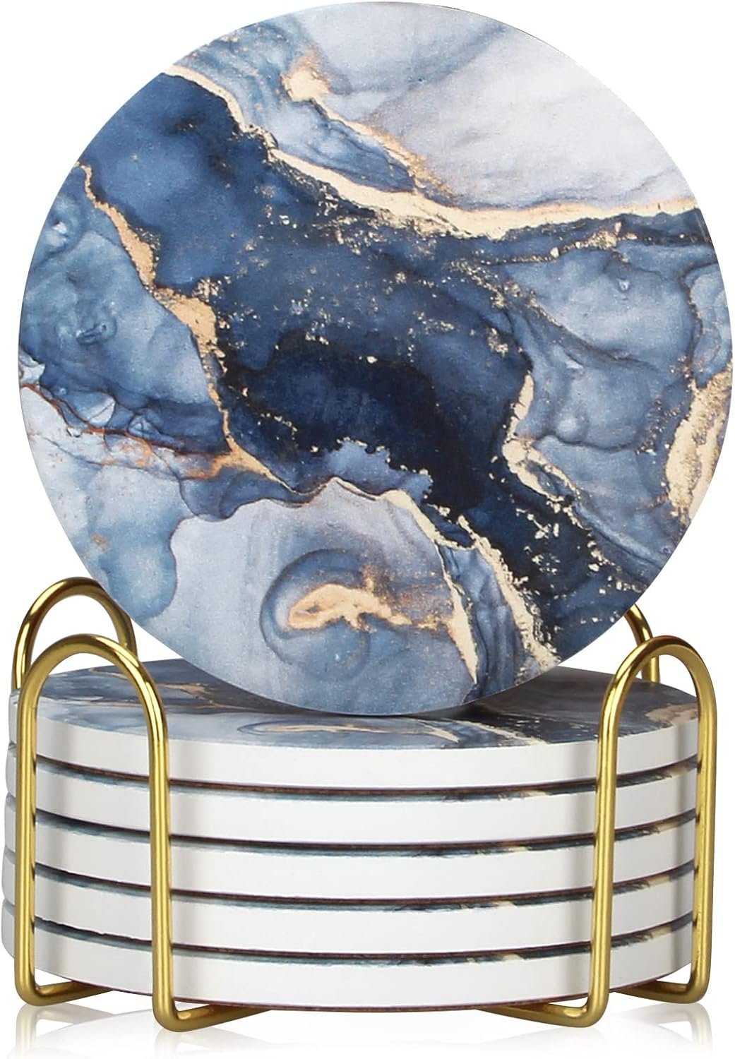 Coasters Set of 6, Navy Blue Marble Abstract Ceramic Coasters with Holder | Best Round Absorbent Drink Coaster Set, Coffee Table Decor for Home Decor House Warming Gifts New Home