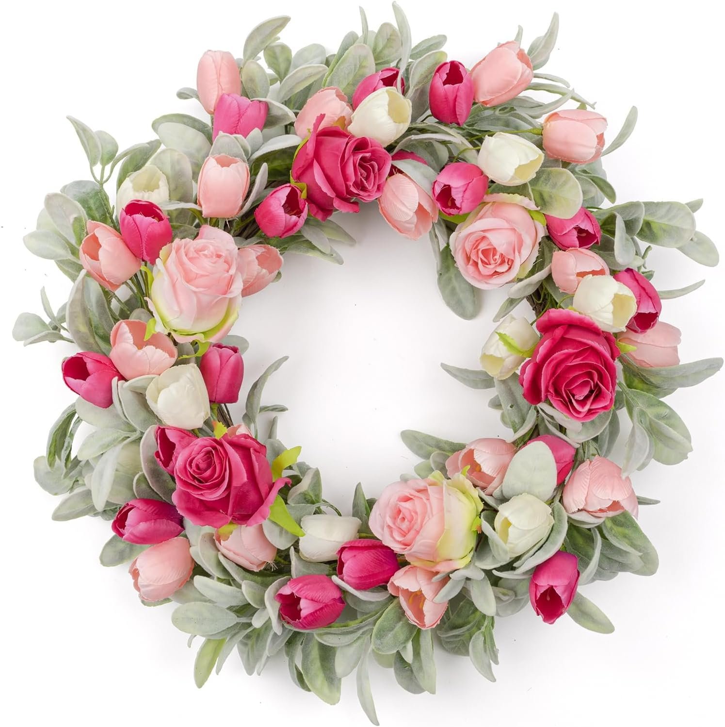 Yawwind 20 Inches Summer Wreath for Front Door Farmhouse Summer Door Wreaths Elegant Spring Floral Wreath with Tulips Rose Flocked Lambs Ear for Wall Window Porch Indoor Decor
