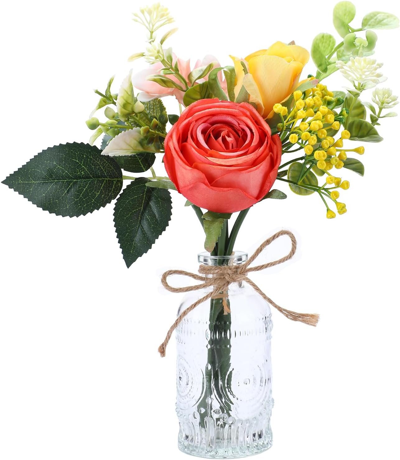AFRITEE Artificial Flowers with Small Vase – Orange Potted Fall Rose Floral Arrangements Artificial with Small Vase for Home Living Office Wedding Coffee Centerpiece Table
