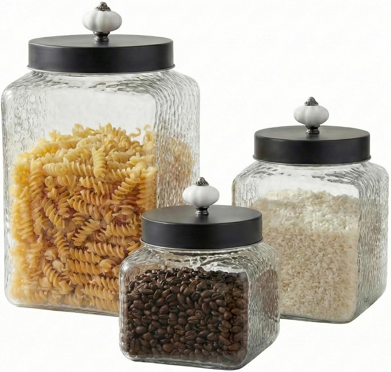 Style Setter Square Glass Canister Set 3-Piece, 43/64/75oz, Hammered | Hammered Retro Design With Airtight Stainless Steel Lids, Engraved Glass Jars Keep Cookies Coffee Flour Sugar & Rice Fresh