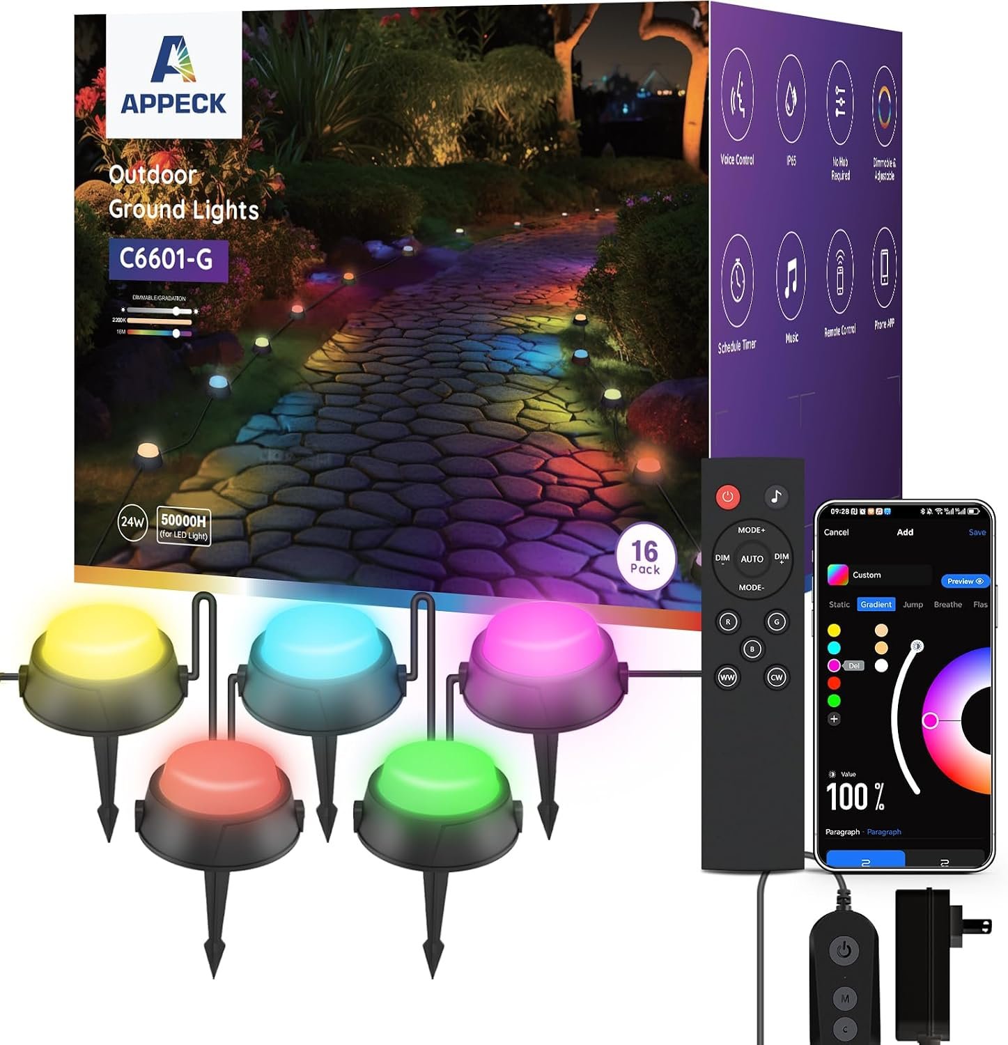 Outdoor Ground Lights 16 Pack, 50FT RGBW Pathway Lights Wired | IP65 Waterproof Landscape Lights, Color Changing, 2200K Warm White, Garden Yard Lawn Walkway, Holiday Decor, Alexa Compatible