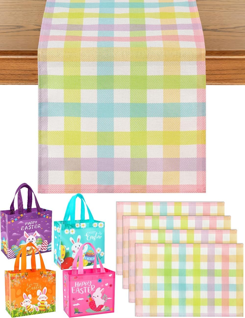 multiwins Easter Table Runner (13″x72″) with 4 Placemats (12″x18″) & 4 Gift Bags, Thick Fabric Pastel Buffalo Plaid Easter Decorations for Farmhouse Kitchen Dining Room Spring Party