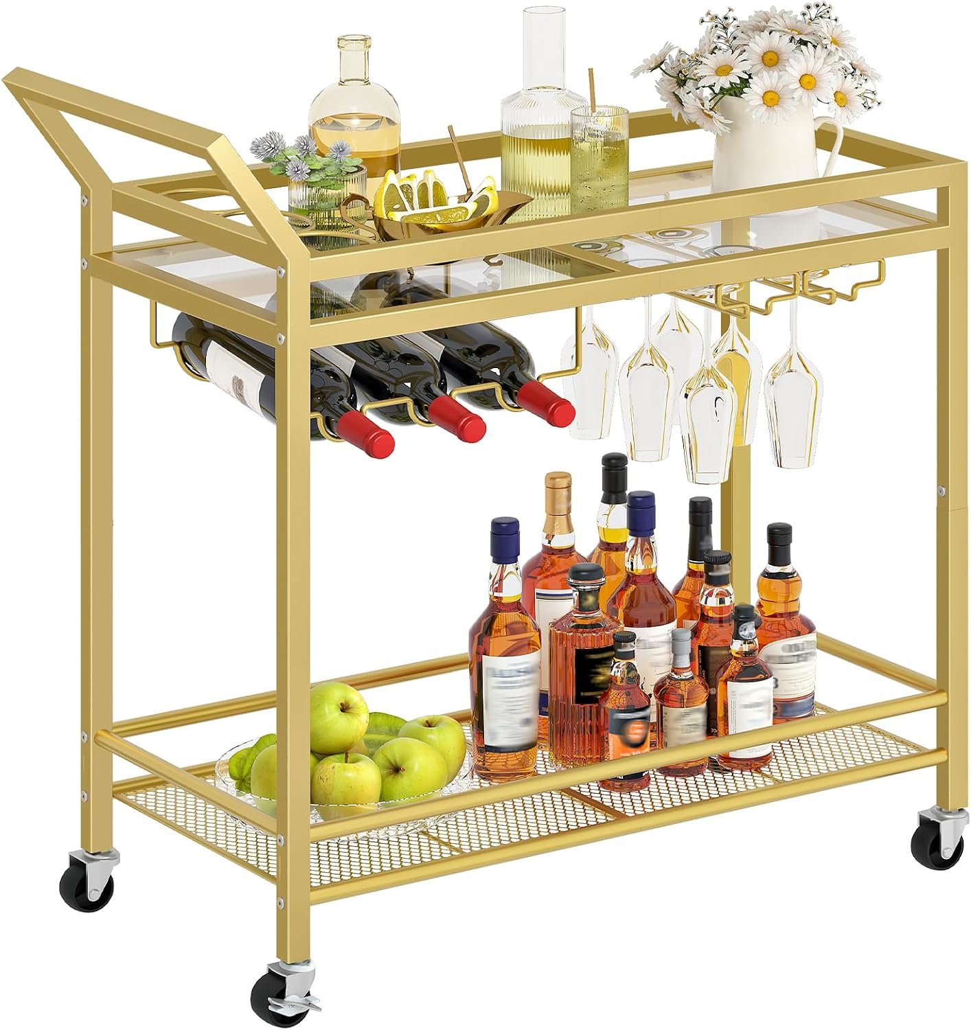 HOOBRO Bar Cart for The Home, Gold Bar Cart, 2-Tier Home Bar Serving Cart with Wine Rack and Glass Holder, Bar Carts with for Bar, Kitchen, Dining Room, Living Room, Gold GD11TC01