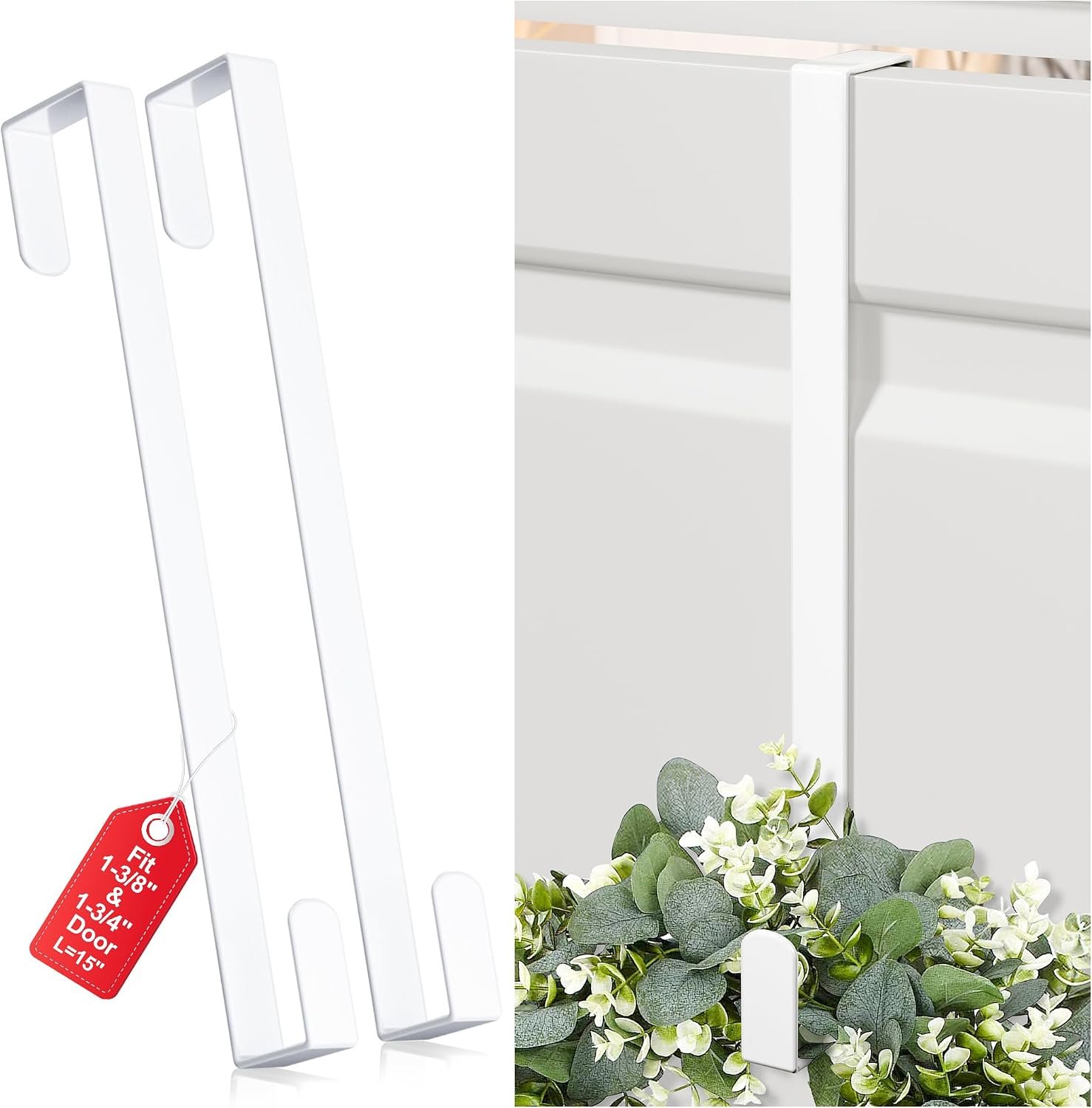 15″ Reversible Wreath Hangers for Front Door, Fit Most Doors up to 1-3/4″ | Heavy-Duty Steel Over The Door Hooks up to 80 LBS for Daily Holiday Halloween & Christmas Wreaths, Door Decor, White, 2 PCS