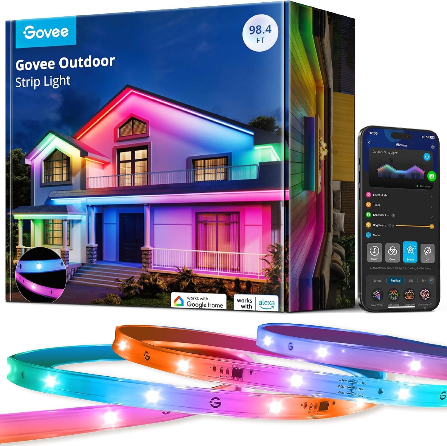 Govee Outdoor LED Strip Lights, 98.4ft Smart Outdoor Lights Work with Alexa and Google Assistant, App Control, IP65 Waterproof, RGBIC Lights for Patio, Eave, Party Decorations | Waterproof Outdoor Lights, LED Lights Strip for Patio, Eave, Party Decorations, Compatible with Alexa and Google Assistant