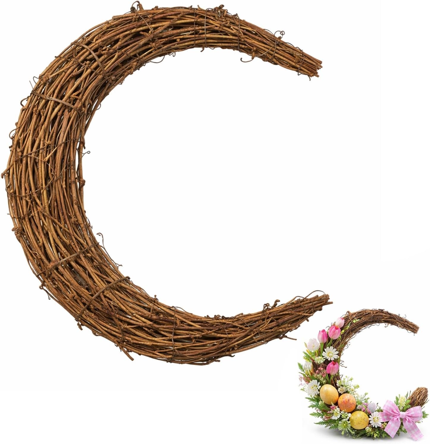 NOLITOY Natural Grapevine Wreath for Front Door, 11.81 Inch Vintage Moon Shape Twig Spring Wreath for Crafts Easter Home Wall Hanging Decor Wedding Party Supplies
