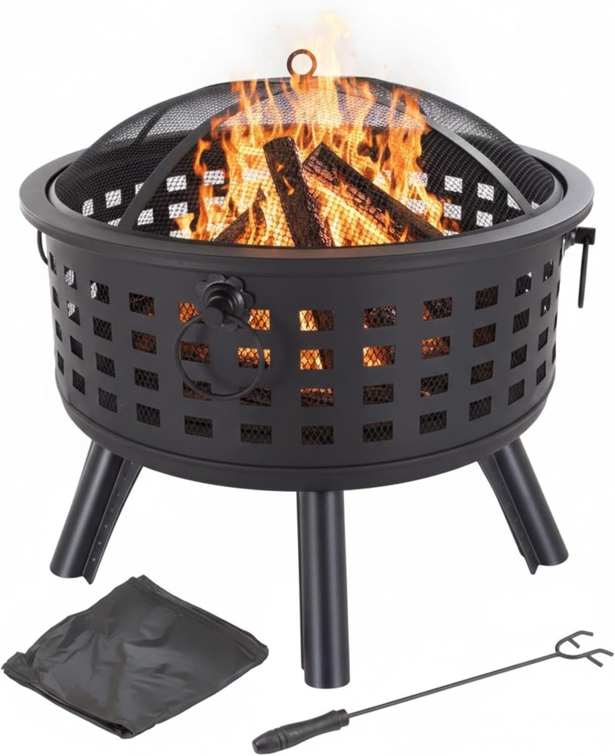Outdoor Fire Pit – 26-Inch Round Lattice Wood Burning Firepit with Screen, Poker, Grate and Cover – Wood Fire Pits & Outdoor Fireplaces by Pure Garden