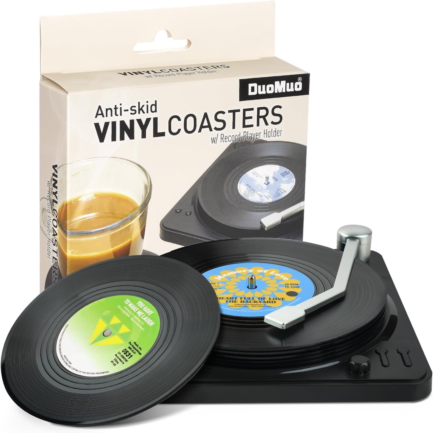 Funny Retro Record Coasters for Drinks with Vinyl Player Holder – Set of 6 Coaster White Elephant Gifts for Music Lovers, Conversation Piece Sayings,Housewarming Hostess Wedding Registry Gift Ideas