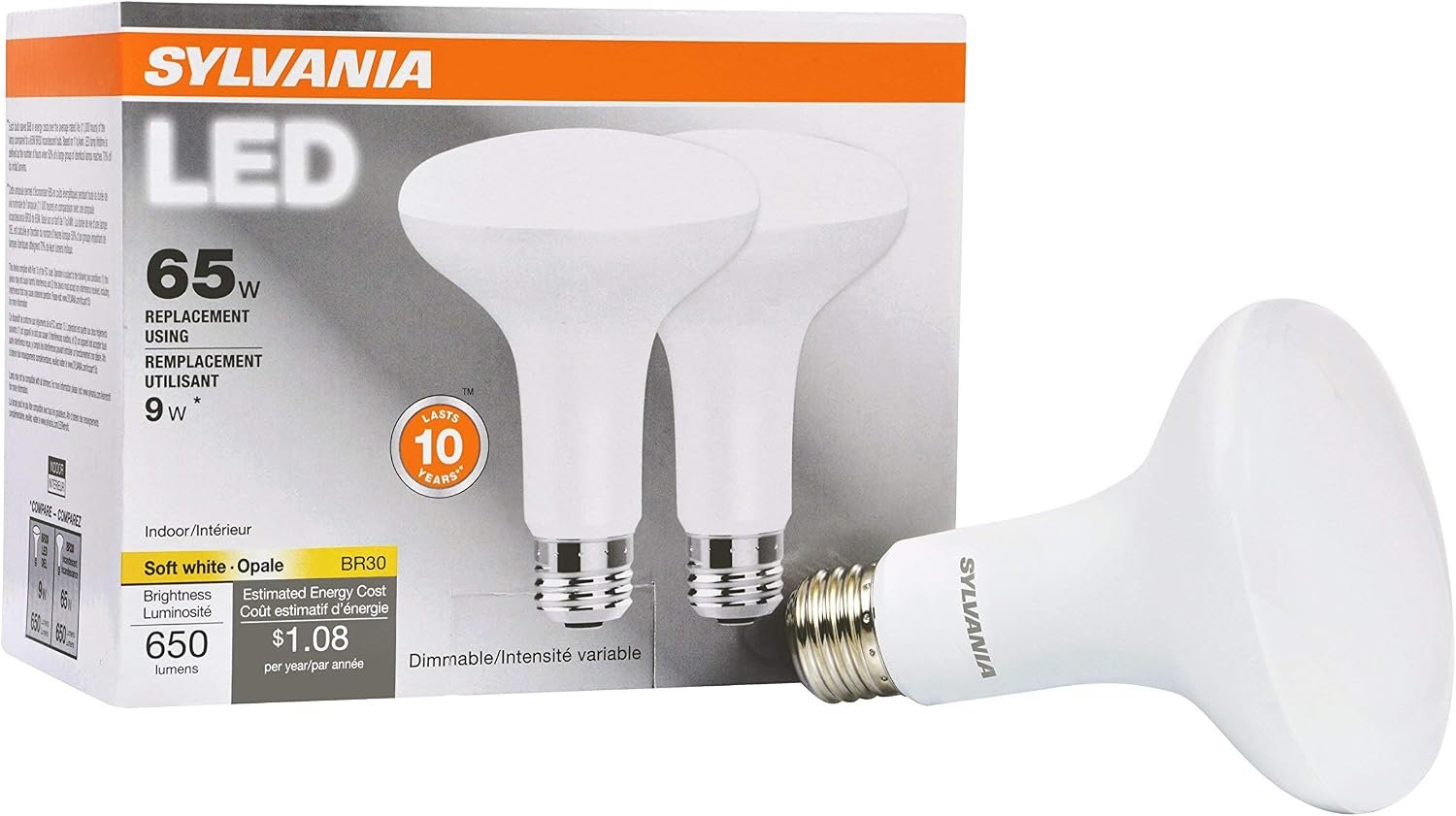 Sylvania LED Flood BR30 Light Bulb, 65W Equivalent Efficient 9W, 10 Year, 650 Lumens, Dimmable, 2700K, Soft White – 2 Pack (73954)