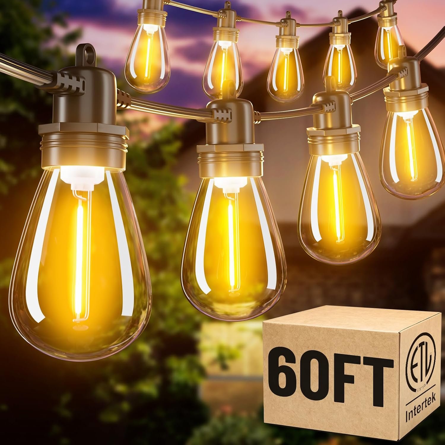 60FT LED Outdoor String Lights with 16+1 Edison Shatterproof IP65 Waterproof Bulbs, 2700K Dimmable Commercial Grade Patio Lights for Garden, Porch, Deck Decor
