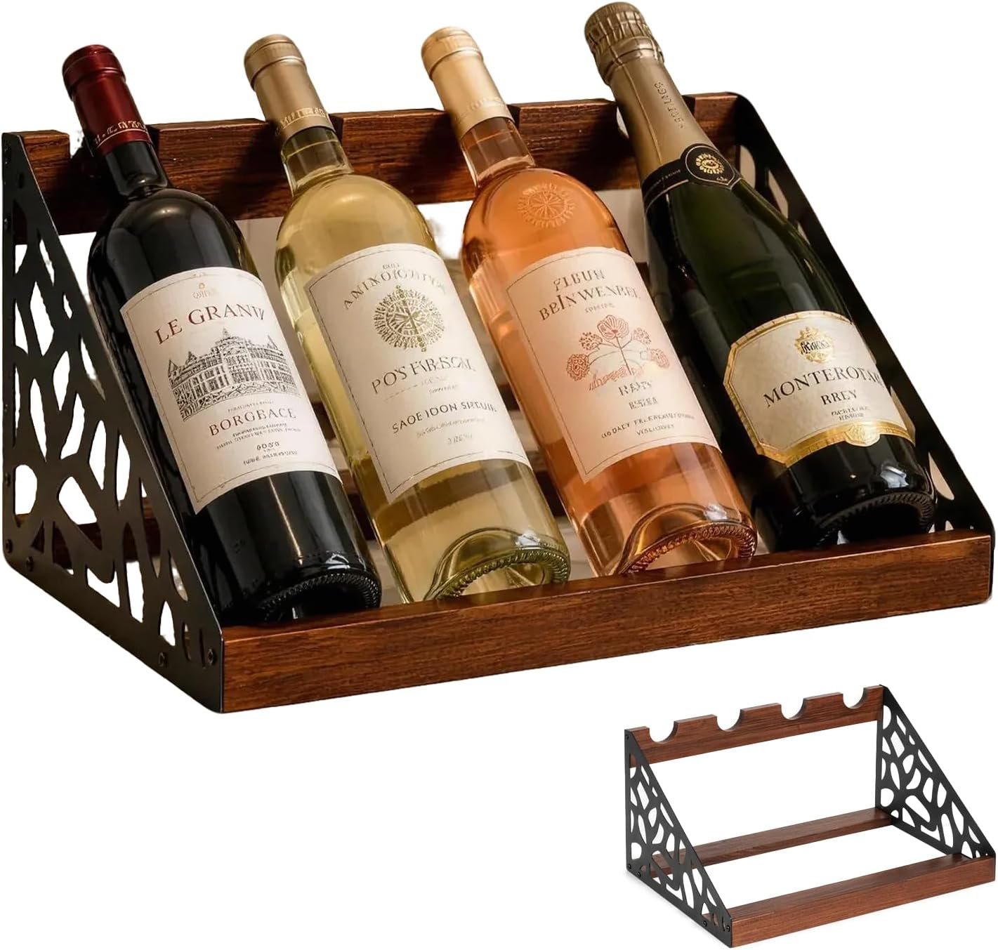 Countertop Wine Rack Display, Wine Bottle Holder, Wood Metal Combination Wine Storage Stand, Hollow Cutout Side Frame Tabletop Wine Organizer Holds 4 Bottles for Kitchen Bar Cabinet