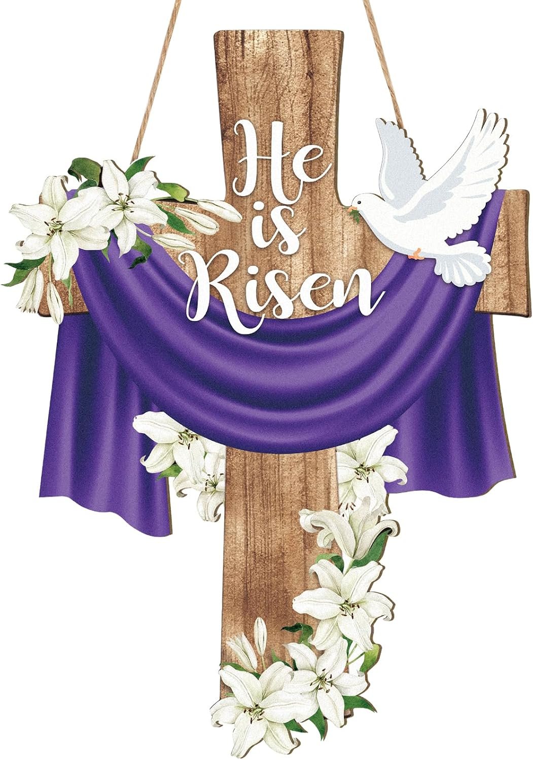 He is Risen Easter Decoration Wood Door Wall Signs, Wooden Wreaths Front Door Sign Cross Sign Christian Jesus Lily Flowers Ornaments Hanging Crafts for Spring Home Farmhouse Party Porch Wall Decor