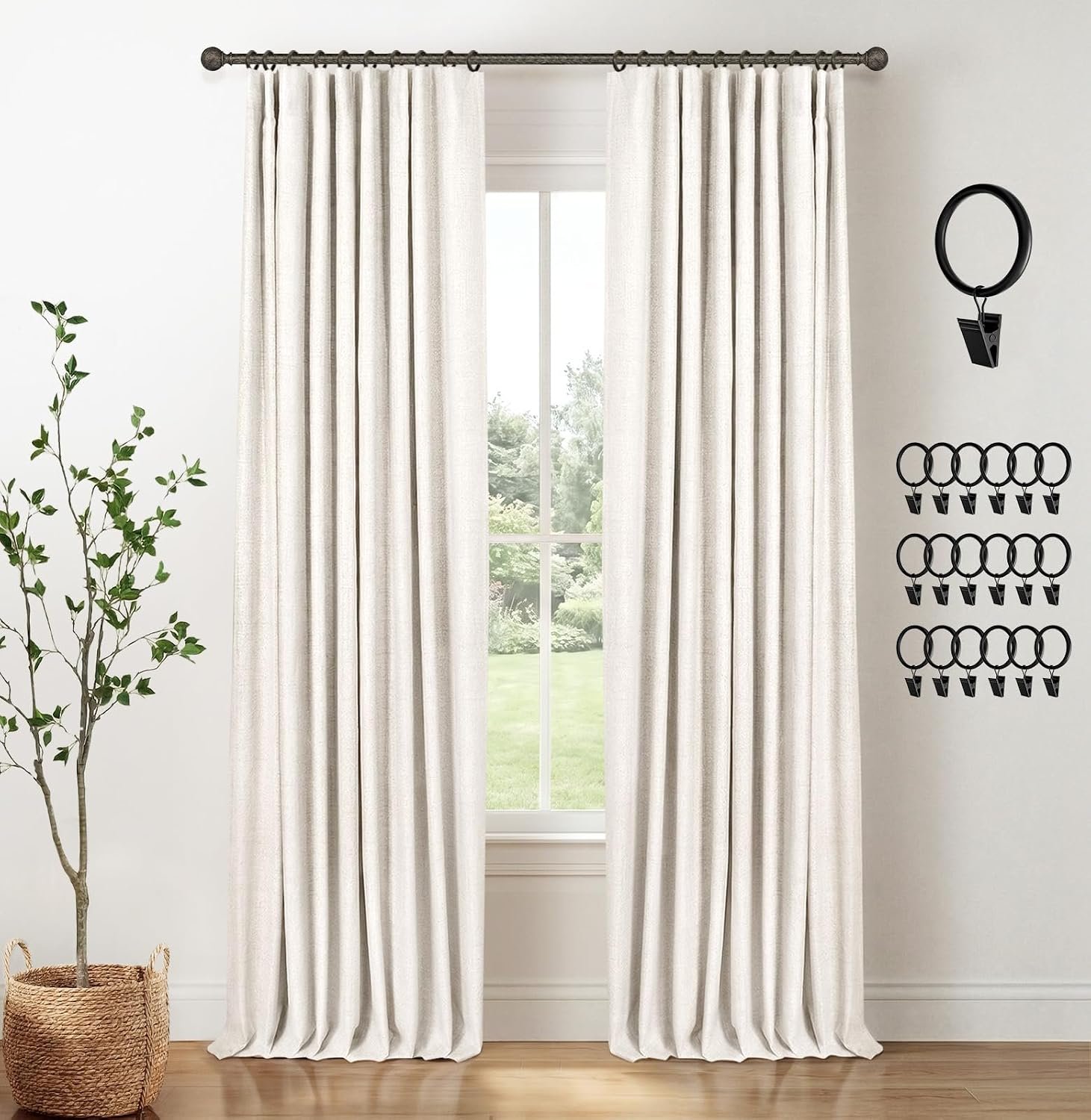 INOVADAY 100% Blackout Curtains for Bedroom Black Out Curtain 102 Inch Long | Beige Curtains for Living Room 2 Panels, Clip Rings Linen Look Blackout Drapes, Thermal Insulated Room Darkening,W50xL102