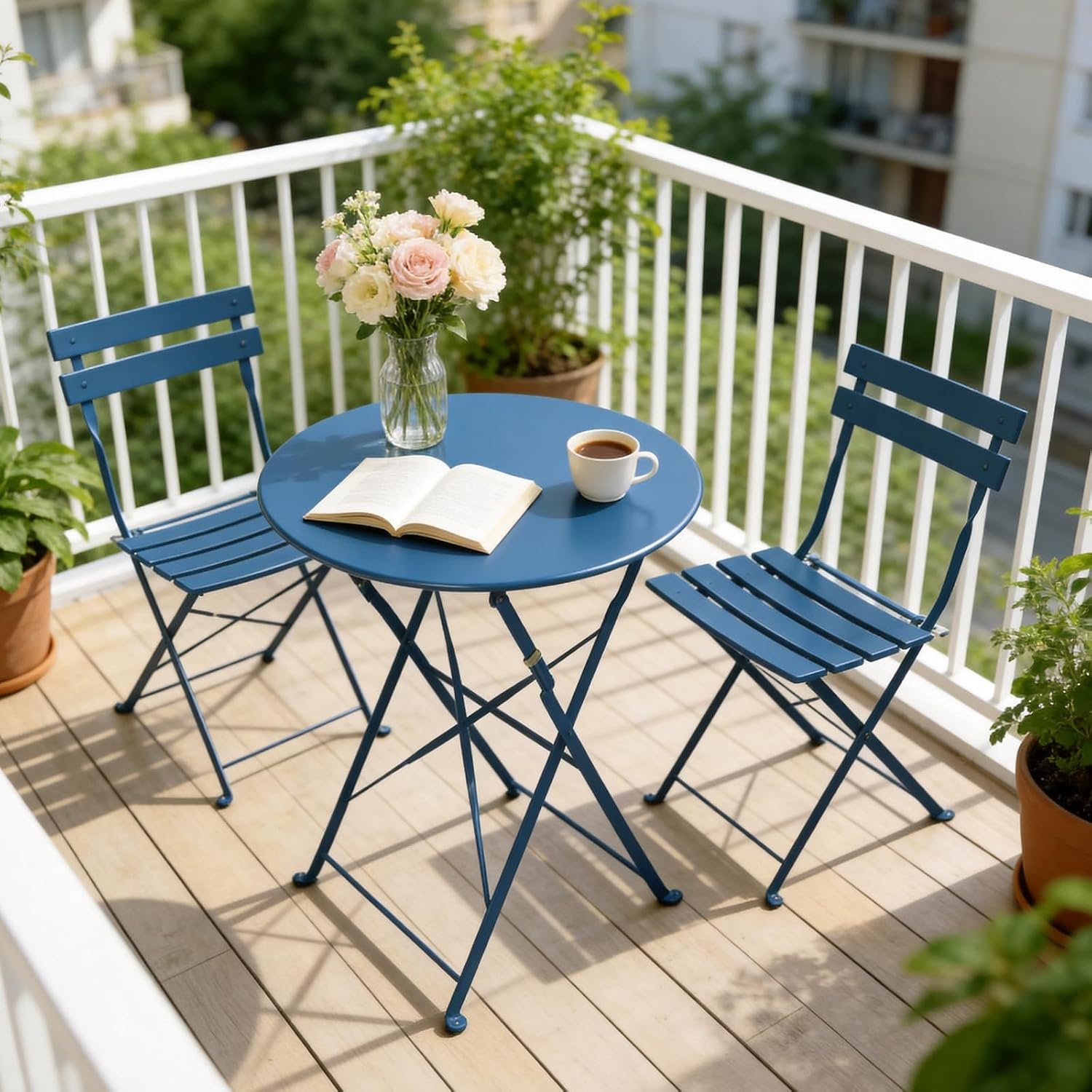 Grand Patio 3 Piece Folding Patio Bistro Set for Outdoor, Peacock Blue | Steel Frame, Foldable Table and Chairs, for Balcony Garden Patio, Folding Outdoor Patio Furniture Sets