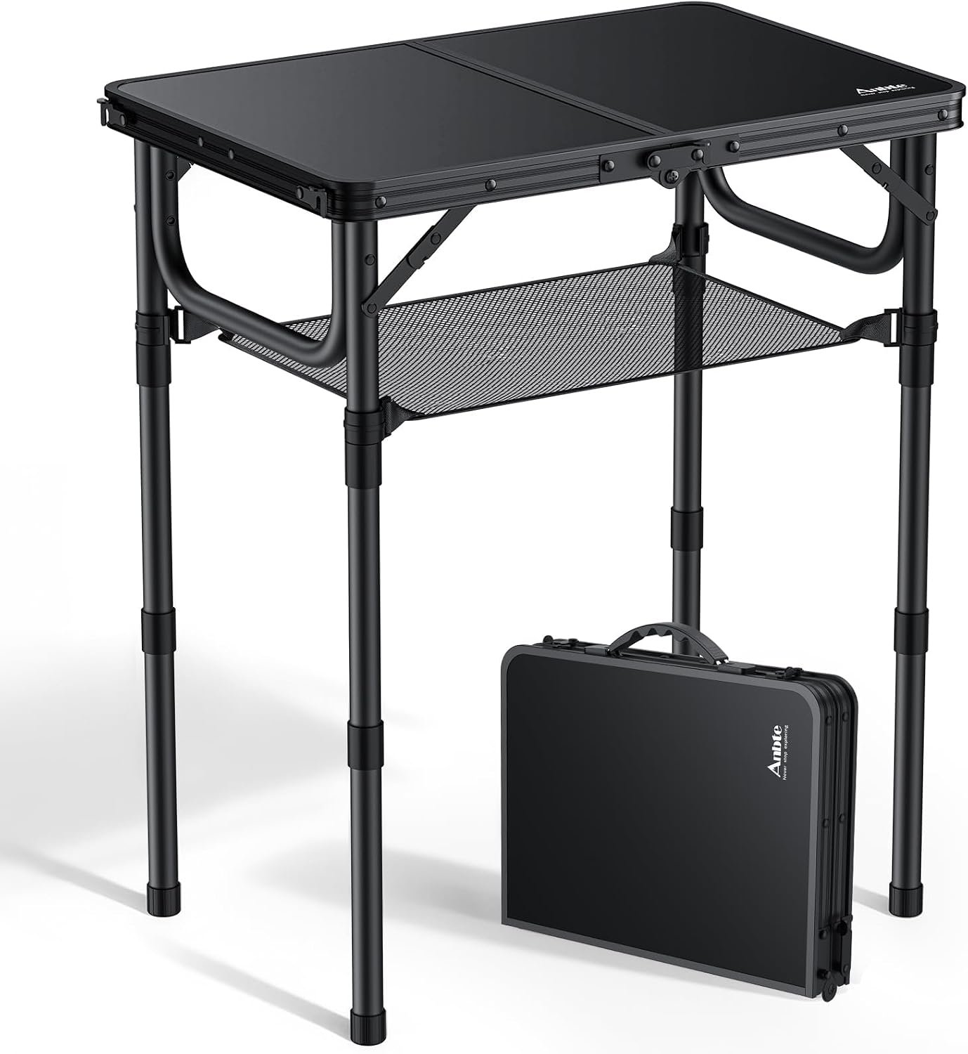 Anbte Folding Camping Table, 24″X 16″ Adjustable Height Small Folding Table | with Storage Net, Aluminum Compact Folding Table, Lightweight, Portable Table for Outdoor Travel Cooking Picnic, Pure Black