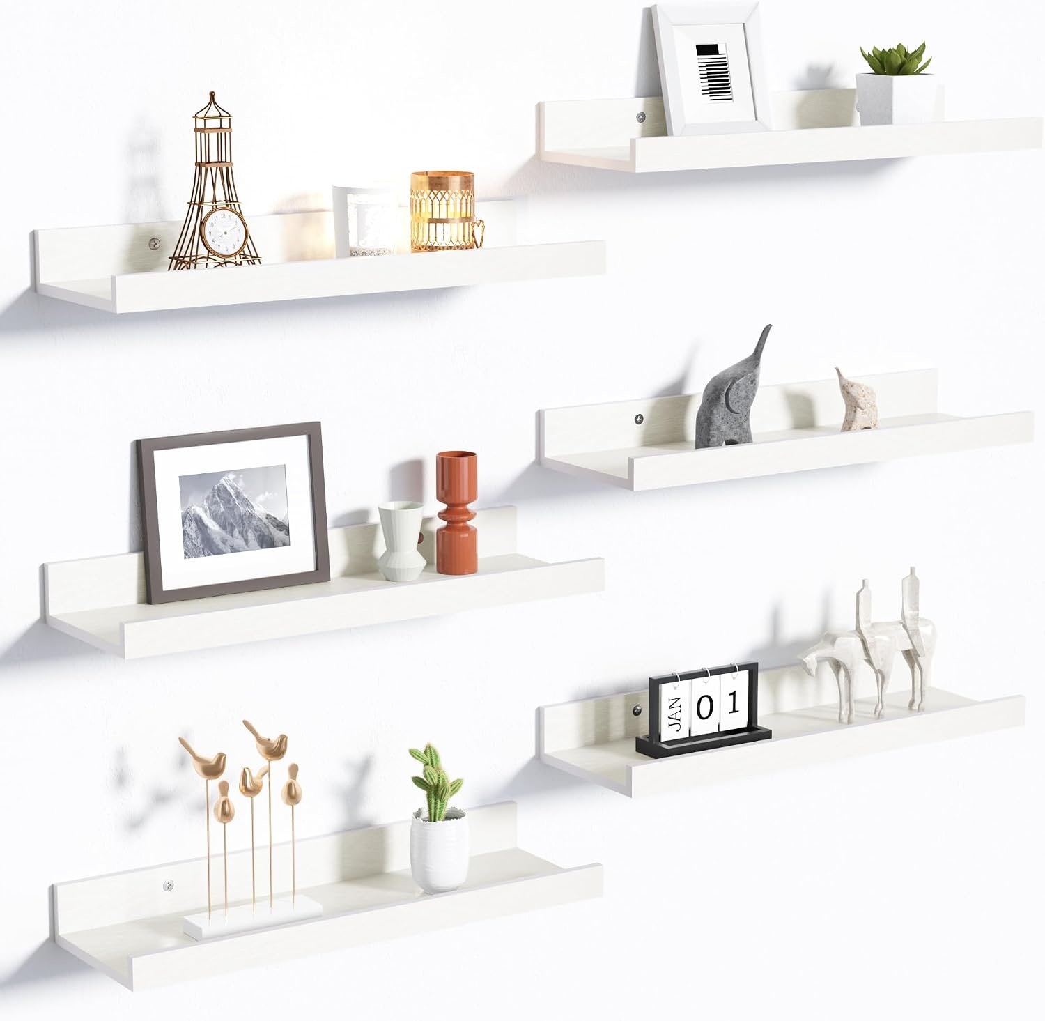 upsimples Floating Shelves for Wall Decor and Storage, White, 6Pcs 15.7” | Wall Mounted Wood Shelves for Living Room, Bedroom, Bathroom, Kitchen, Office, Laundry Room Display and Organize
