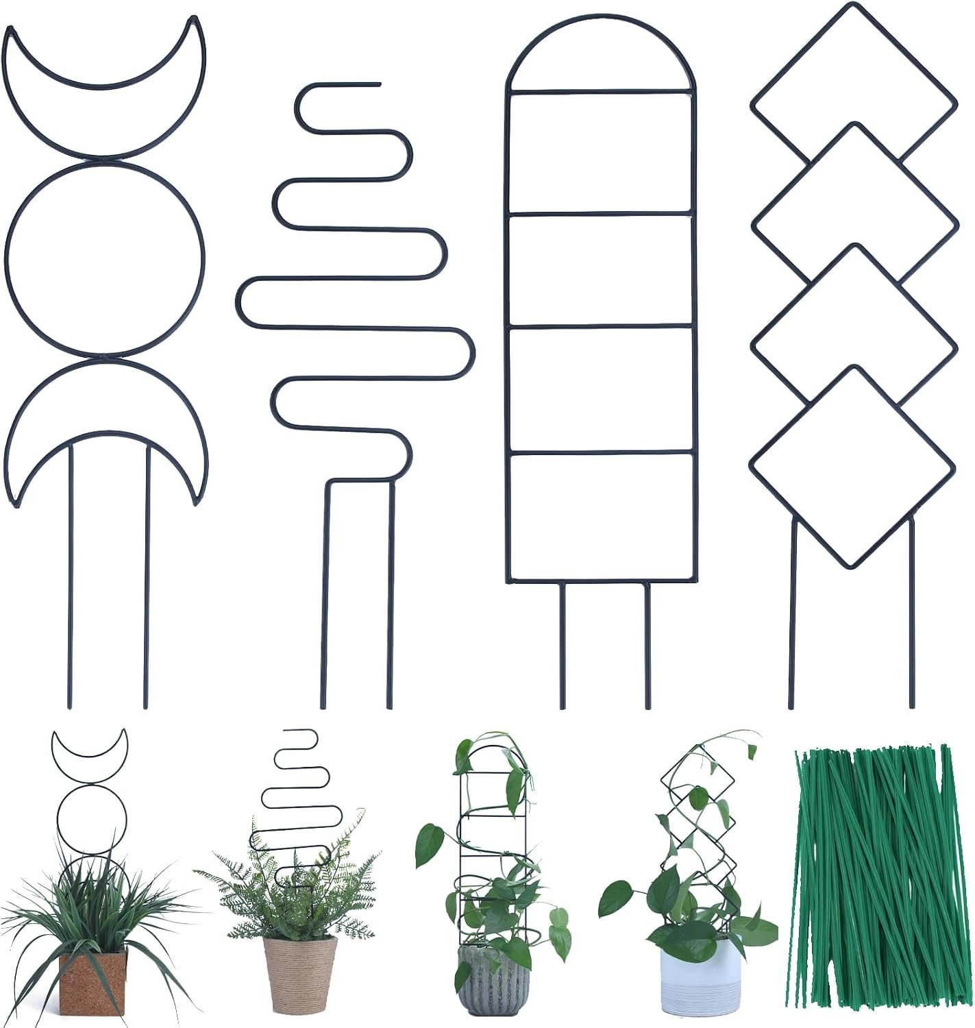 Wellsign 16inch Small Indoor Plant Trellis for Climbing Plants Outdoor | 4PK Black Garden Metal Trellis for Potted Plants with Different Patterns for Vine Ivy Flower Plant Support