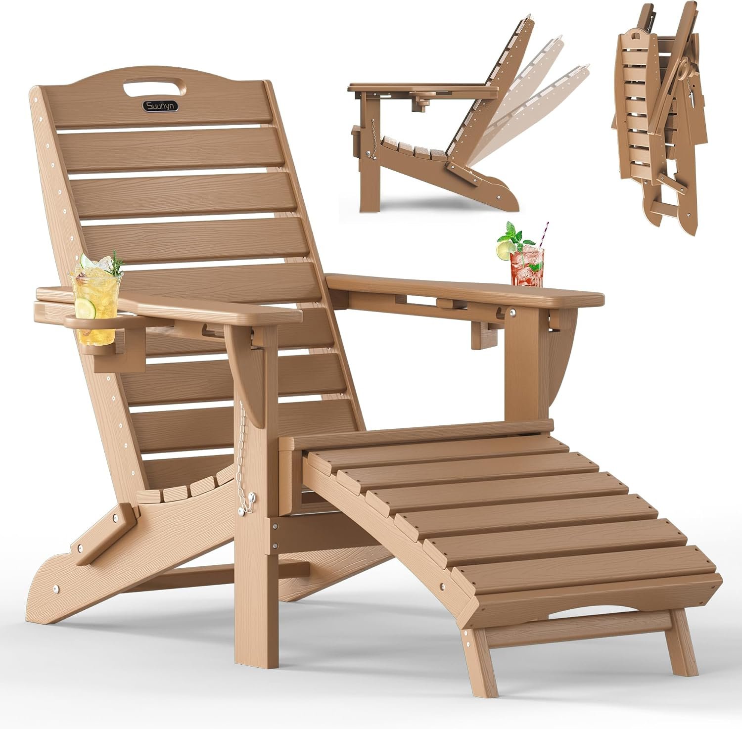 Adjustable Adirondack Chairs with Retractable Ottoman, HDPE Folding Adirondack Chair with 2 Cup Holders，Weather Resistant for Backyard, Poolside & Fire Pit (Teak)