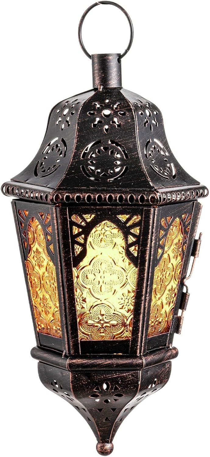 Moroccan Lantern Decorative Indoor & Outdoor, 13.6’’ Vintage Decorative Hanging Lanterns with Chain for Home Porch Patio Decor, Metal Christmas Ramadan Candle Holder Decorations (Amber)