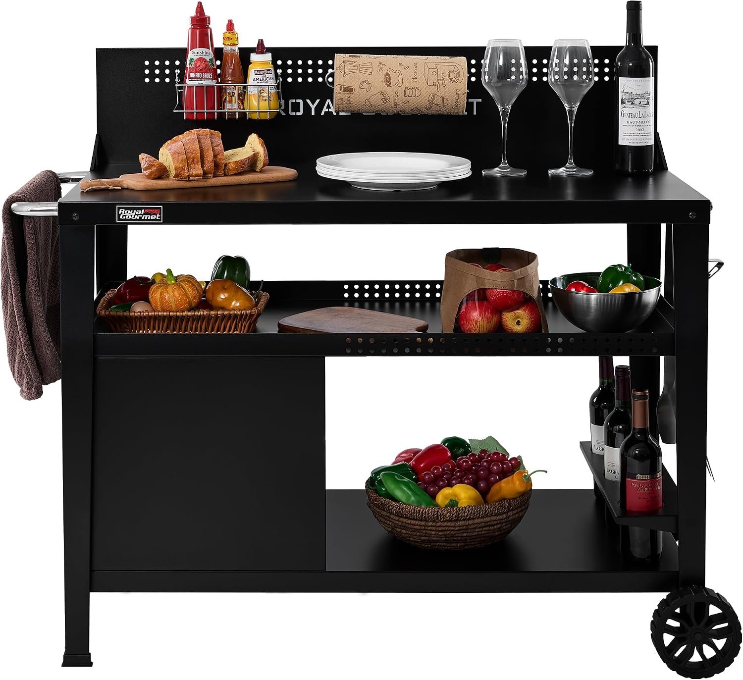 Royal Gourmet PC4401B 3-Tier Dining Cart with Wind Guard, Black | with Bottle Opener, Hooks, Wine Rack, Multifunctional Side Handle | with Ample Storage Shelves, for Indoor & Outdoor use