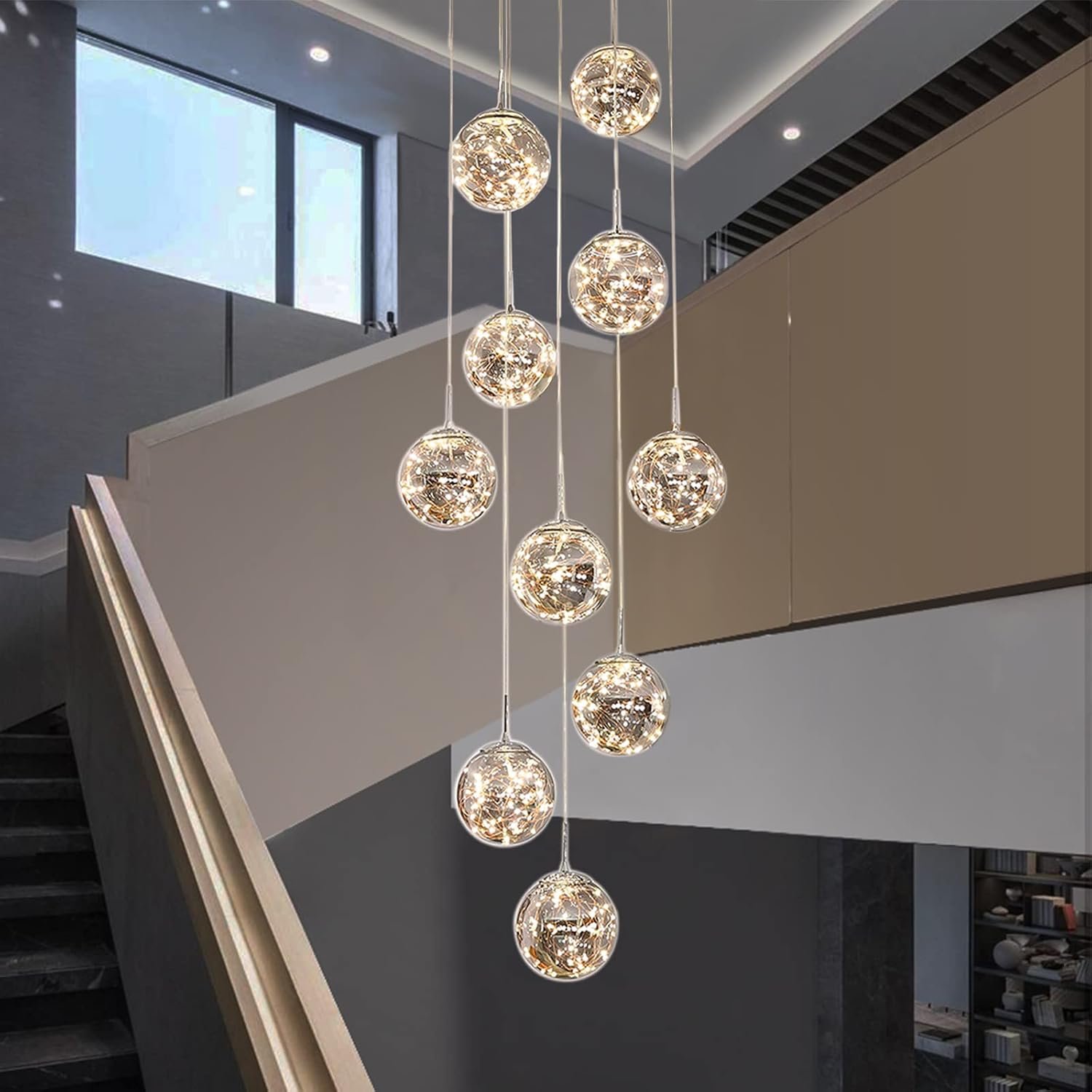 10-Light LED Staircase Chandelier Crystal Ceiling Lights Large Chandeliers for High Ceilings, Entryway Modern Lighting Fixture Villas and Stairs, Adjustable Length 16″ W x79 H，50W -Grey