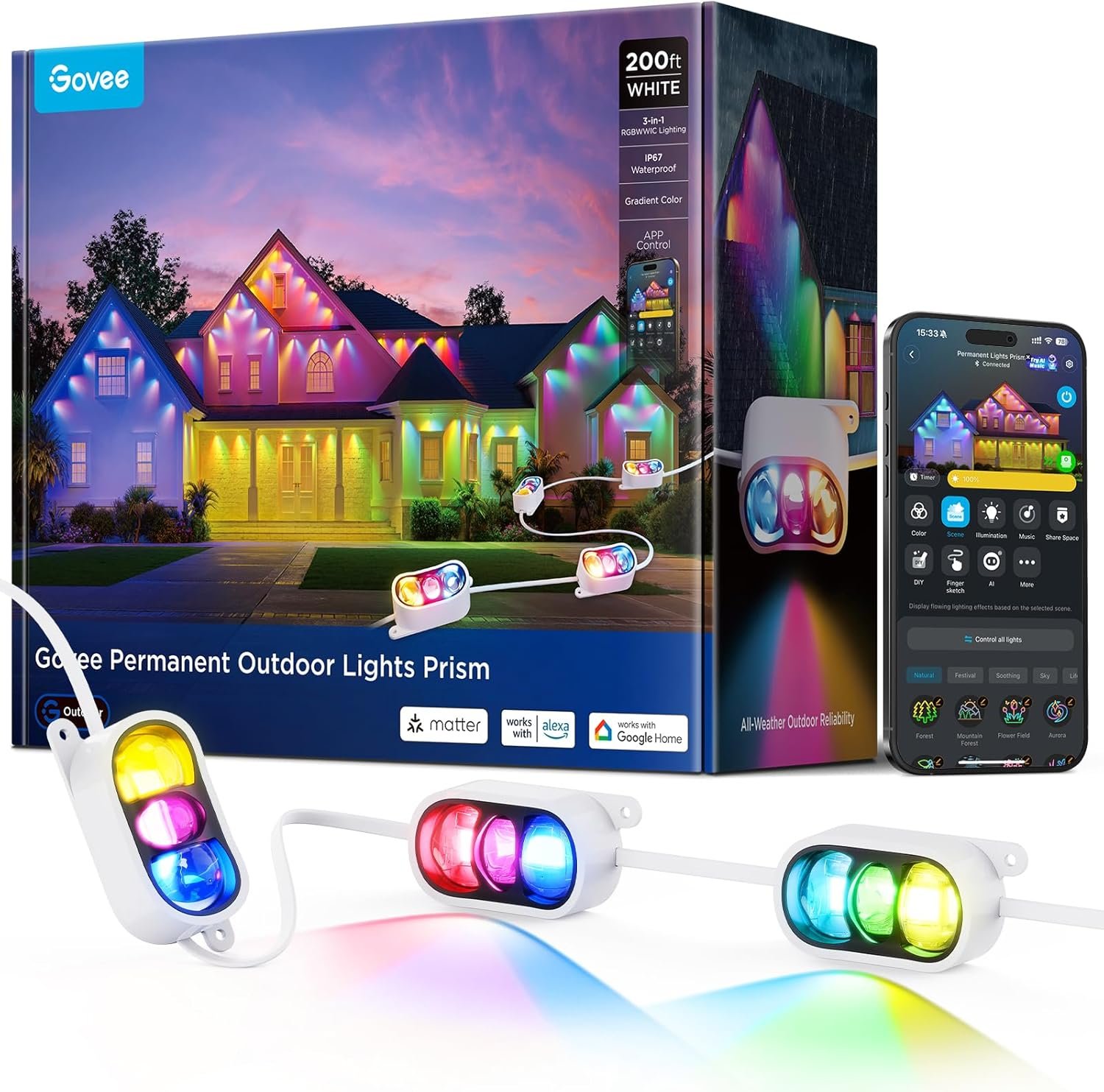 Govee Permanent Outdoor Lights Prism, 200ft with 72 Triple-Color Heads | 100+ Scene Modes, Up to 60lm for Outdoor, Patio, Yard, IP68 Waterproof, Works with Alexa, Google Assistant & Matter, White