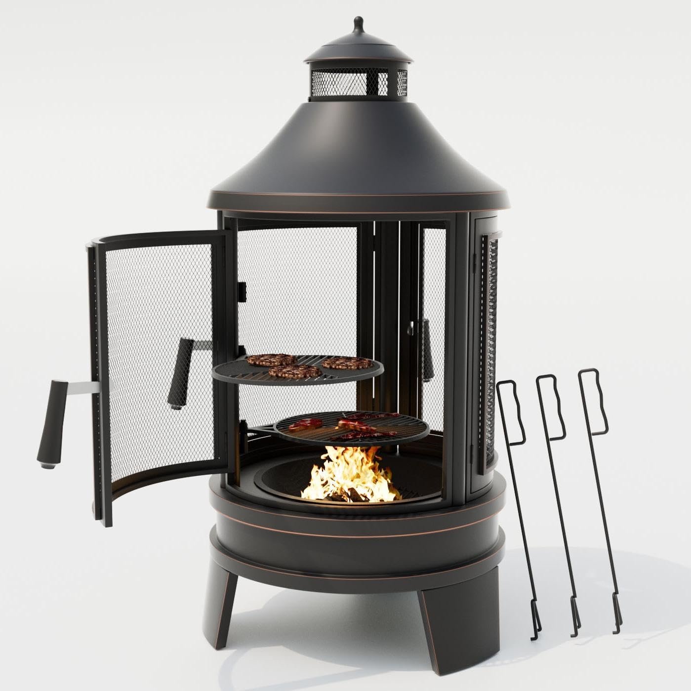Metal Chiminea Fire Pit with Grill, 2 in 1 Firepit with Adjustable Grill Tray & Mesh Spark Screen Door, 3-Door Multi-Access Fireplace for Patio, Garden & Backyard