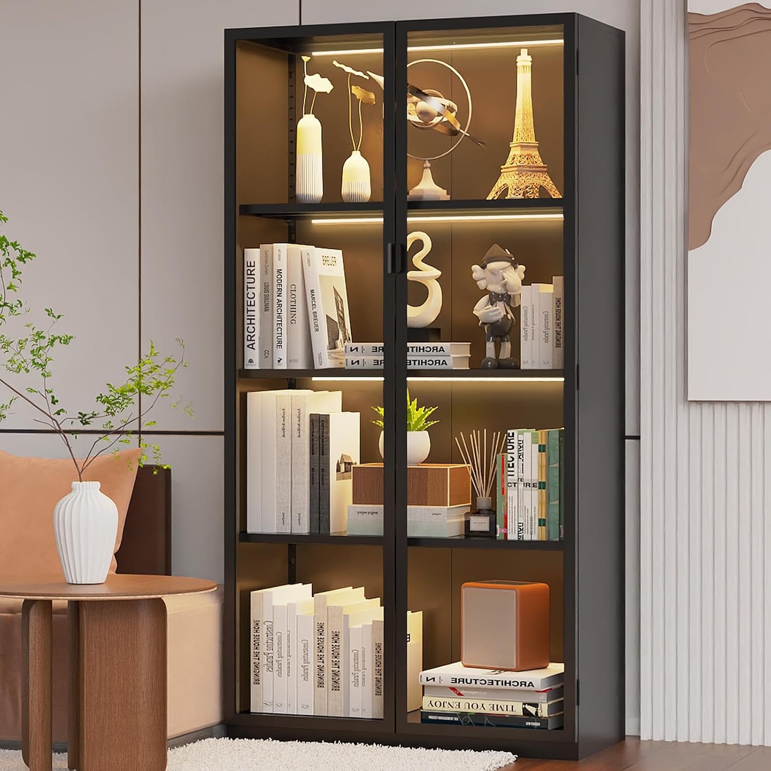 Kelueo 63″ H Display Cabinet with Glass Doors,Tall Display Cabinet with LED Lights,Display Case for Collectibles,Glass Display Cabinets with 3 Adjustable Shelves for Living Room,Bedroom,Office