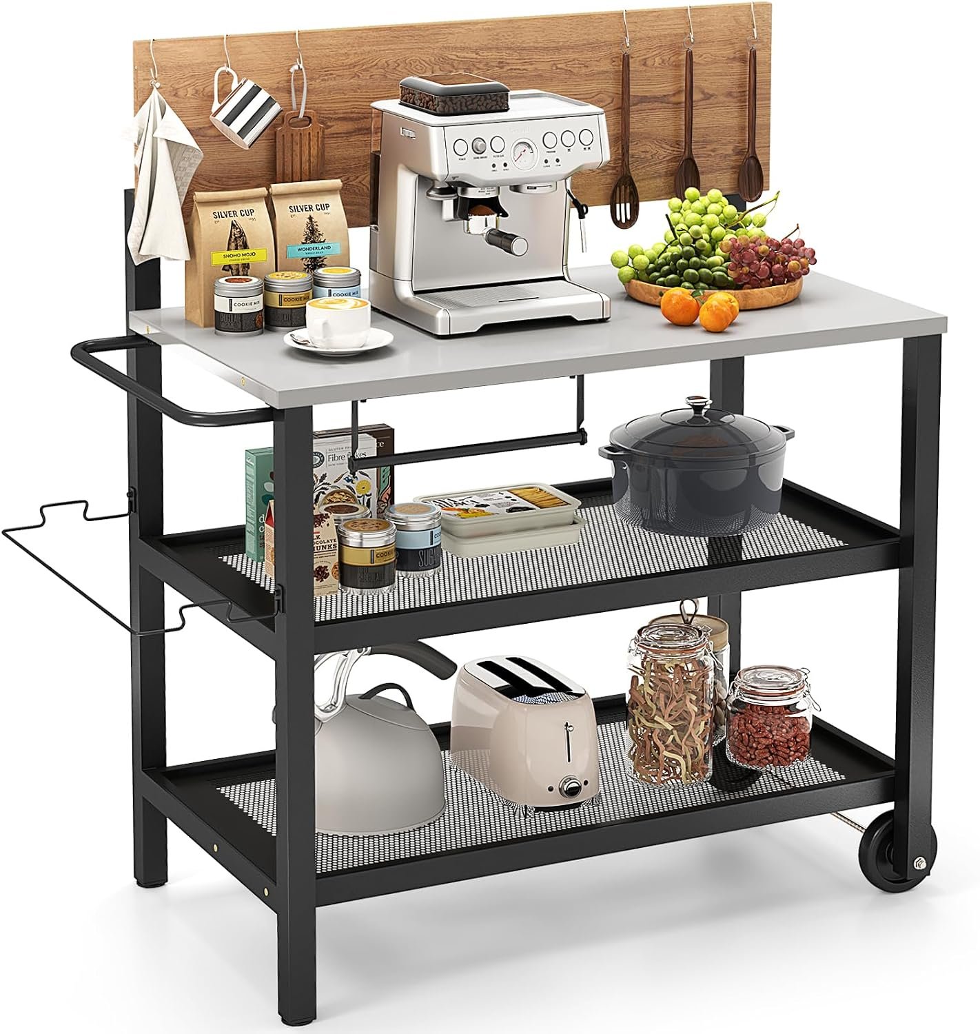 GOFLAME Outdoor Patio Cart Table, Kitchen Shelf on Wheels with Flip Top, Trash Bag Holder, Movable Hooks, Side Handle, Rolling Dining Grill Table, 4-Tier Serving Cart for Home, Bar (Without Chairs)