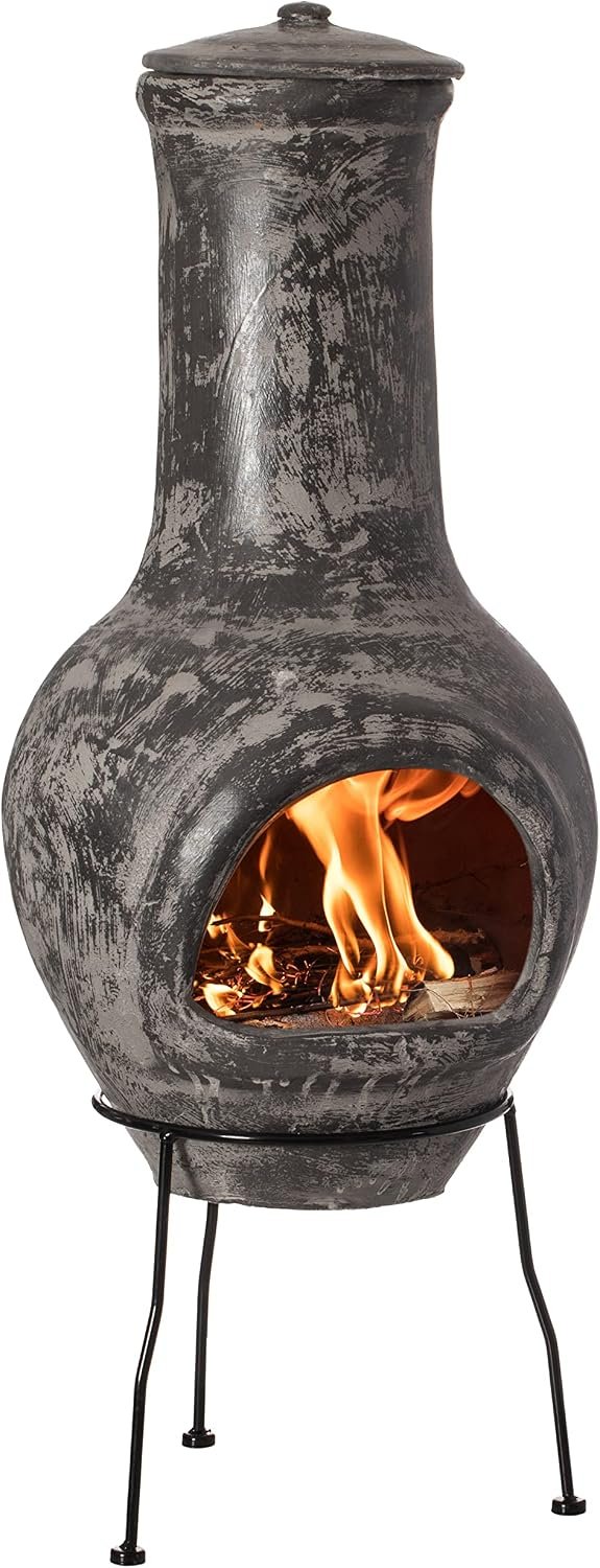 Gray Outdoor Clay Chiminea Fireplace Stoney Scribbled Design Charcoal Burning Fire Pit with Sturdy Metal Stand, Barbecue, Cocktail Party, Family Gathering, Cozy Nights Fire Pit