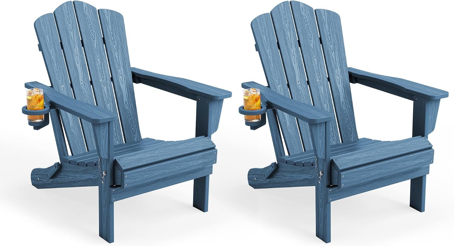 Folding Adirondack Chair Set of 2 with Cup Holder, Navy | HDPE All-Weather Patio Chairs, Wooden Textured Lawn Chair for Poolside, Backyard, Deck, Fire Pit