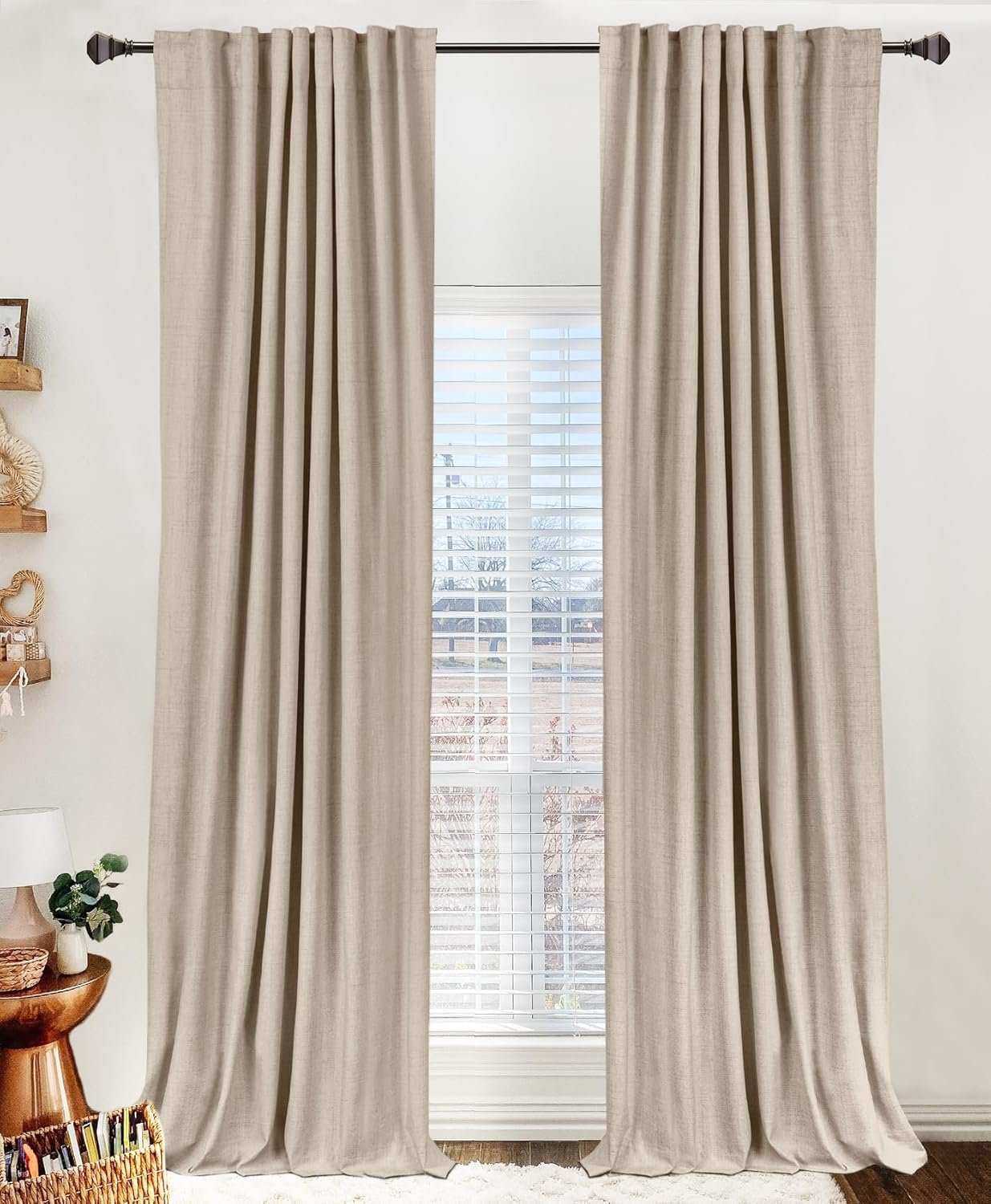 Linen Textured Total Blackout Curtains for Bedroom 84 Inches Long, Oatmeal | 100% Blackout Shield, Back Tab/Rod Pocket Living Room Drapes, Thermal Insulated Blackout Curtains 2 Panels Set, 50″W x 84″L