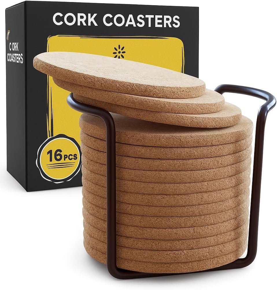 Cork Coasters for Drinks with Metal Holder – 16 Pcs Round 4 inch Drink Coaster Thick Absorbent Heat-Resistant Saucer – Used for Cold Hot Beverages Glasses Mugs Cups Plants Apartment Decor Bar Table