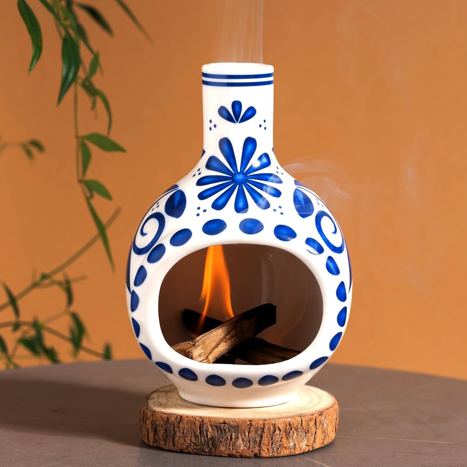 Ceramic Palo Santo Holder Chimney Burner, Cute Mini Chiminea Incense Cone | Incense Burner Holder – Blue Flower Chimney Design for White Sage, Cleansing Sticks – Meditation,Yoga,Spiritual Decor Gift