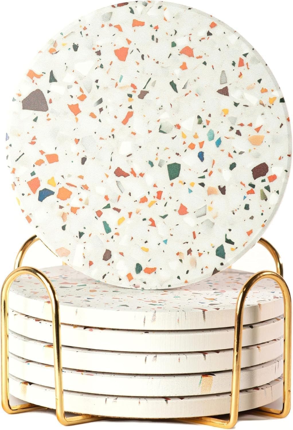 Terrazzo Coasters Set of 6, Colorful Boho Absorbent Ceramic Coasters | Speckled terrazzo drink coasters for coffee table & desk; moisture-absorbing stone, boho home decor, housewarming gift